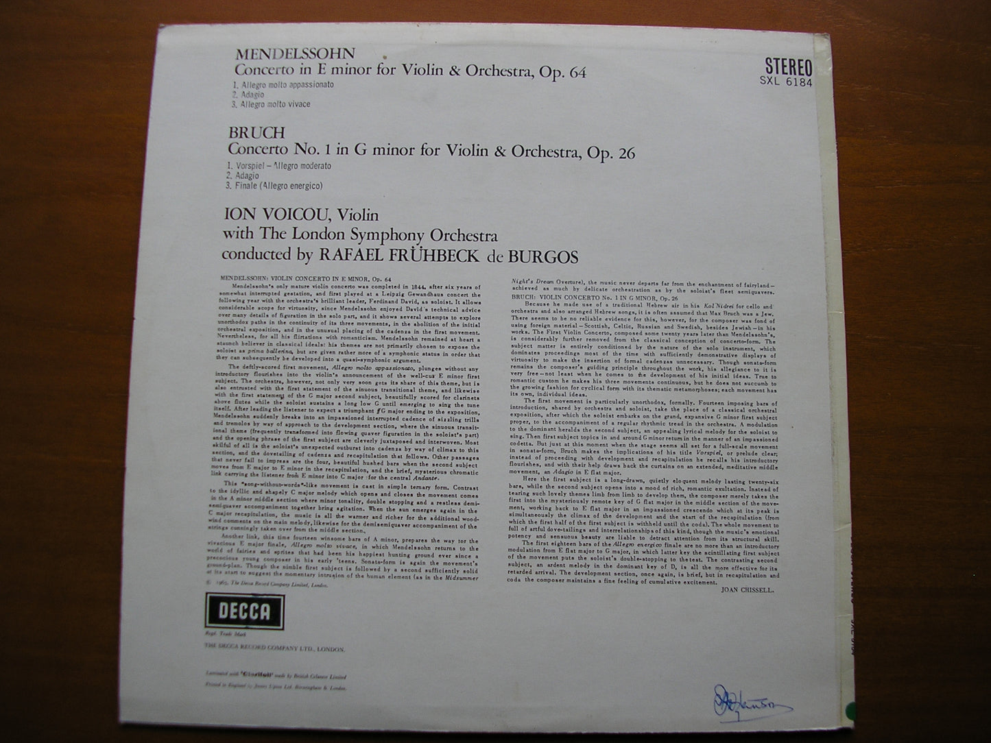 SXL 6184 MENDELSSOHN / BRUCH: VIOLIN CONCERTOS ION VOICOU / LONDON SYMPHONY / DE BURGOS ED2