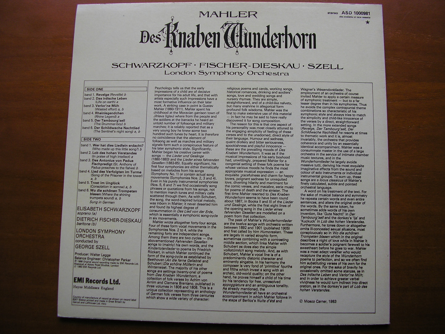 MAHLER: DES KNABEN WUNDERHORN      SCHWARZKOPF / FISCHER-DIESKAU / LONDON SYMPHONY / SZELL      ASD 1000981