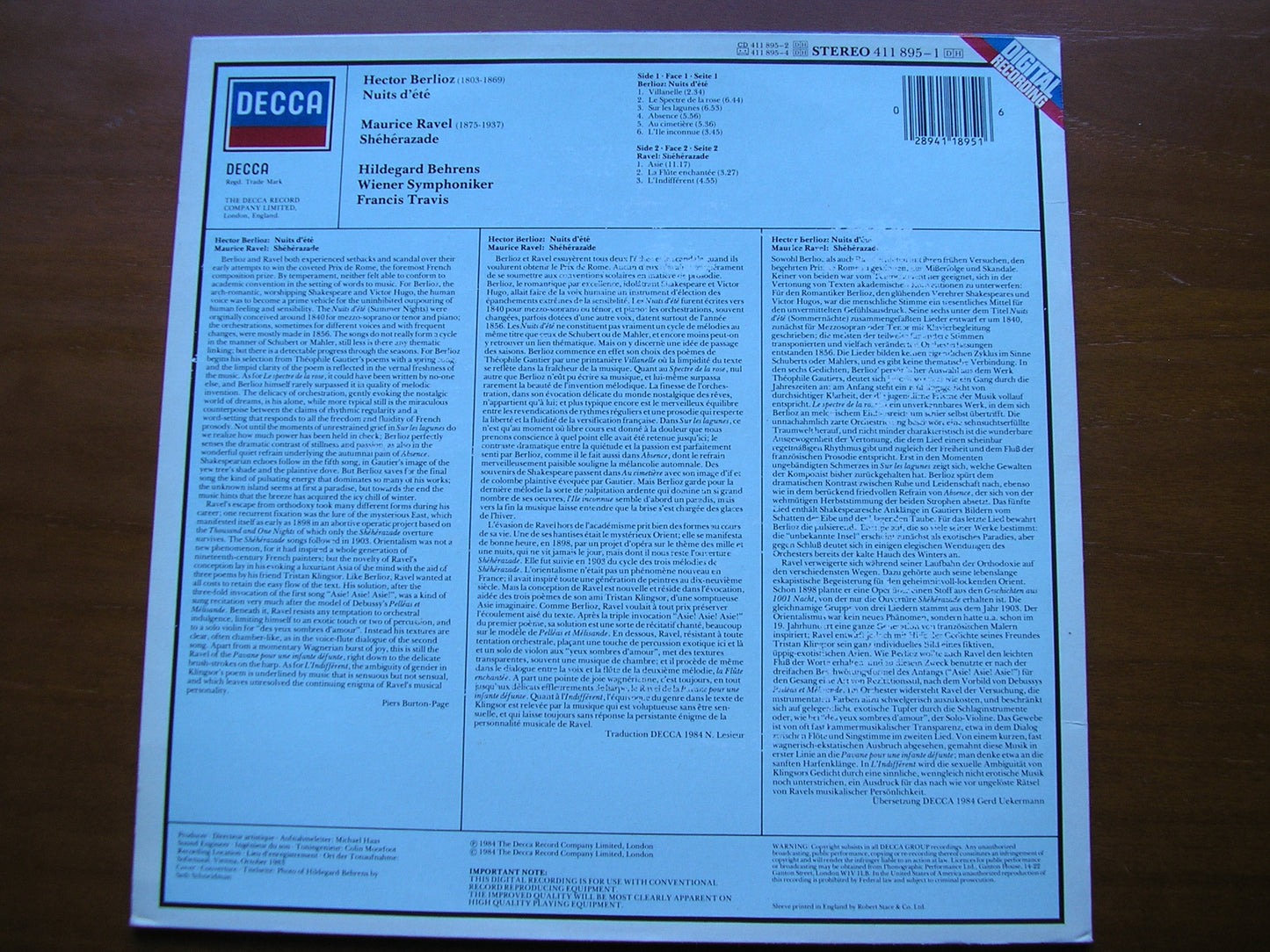 BBERLIOZ: LES NUITS D'ETE / RAVEL: SHEHERAZADE     BEHRENS / VIENNA SYMPHONY ORCHESTRA / TRAVIS     411 895