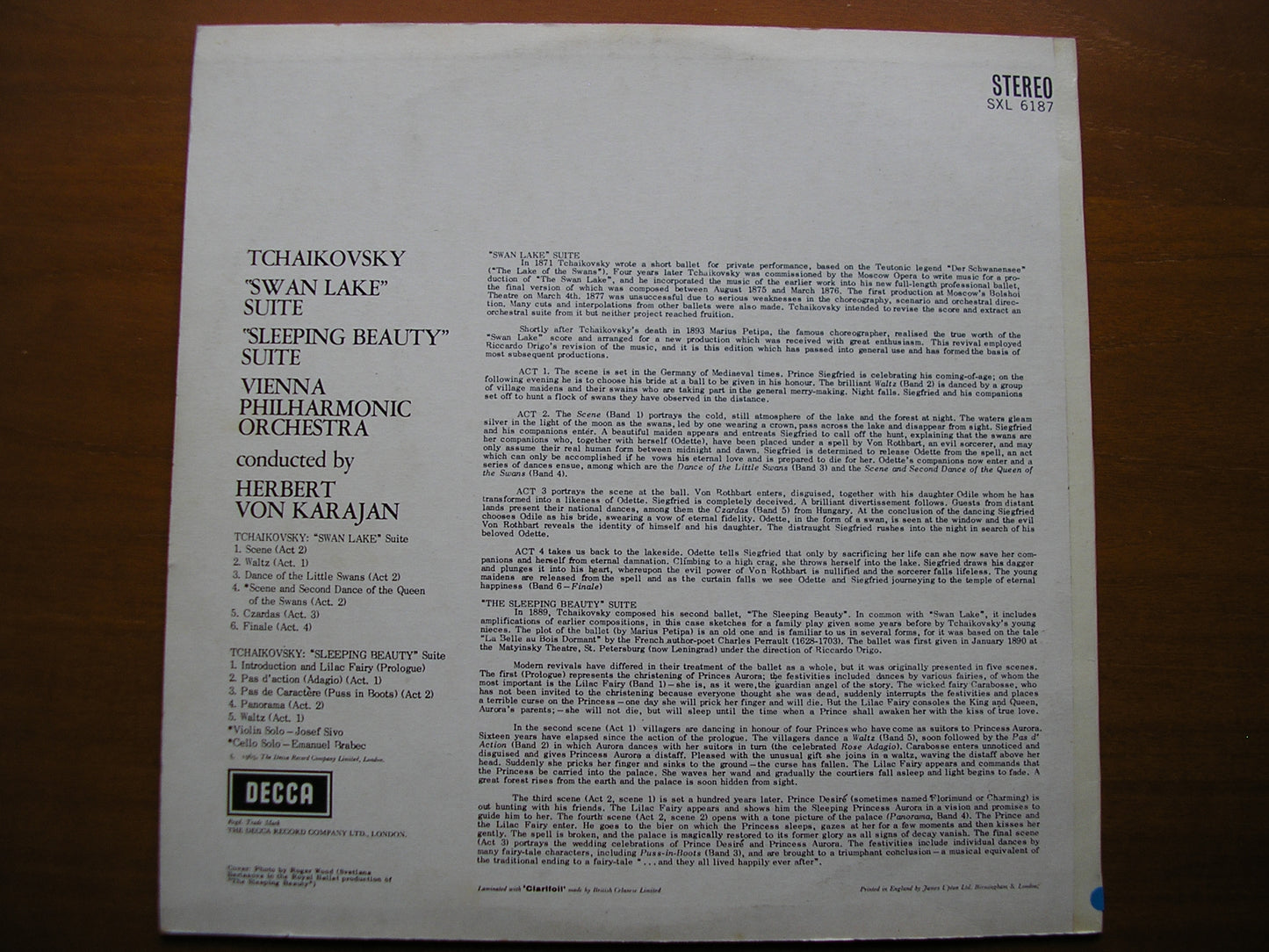 SXL 6187 TCHAIKOVSKY: SWAN LAKE Suite / SLEEPING BEAUTY Suite KARAJAN / VIENNA PHILHARMONIC ED1