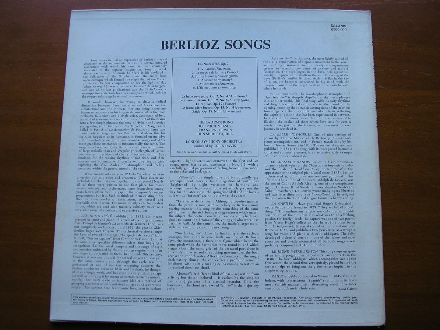 BERLIOZ: LES NUITS D'ETE / COMPLETE ORCHESTRAL SONGS     SOLOISTS / LONDON SYMPHONY / DAVIS    SAL 3789