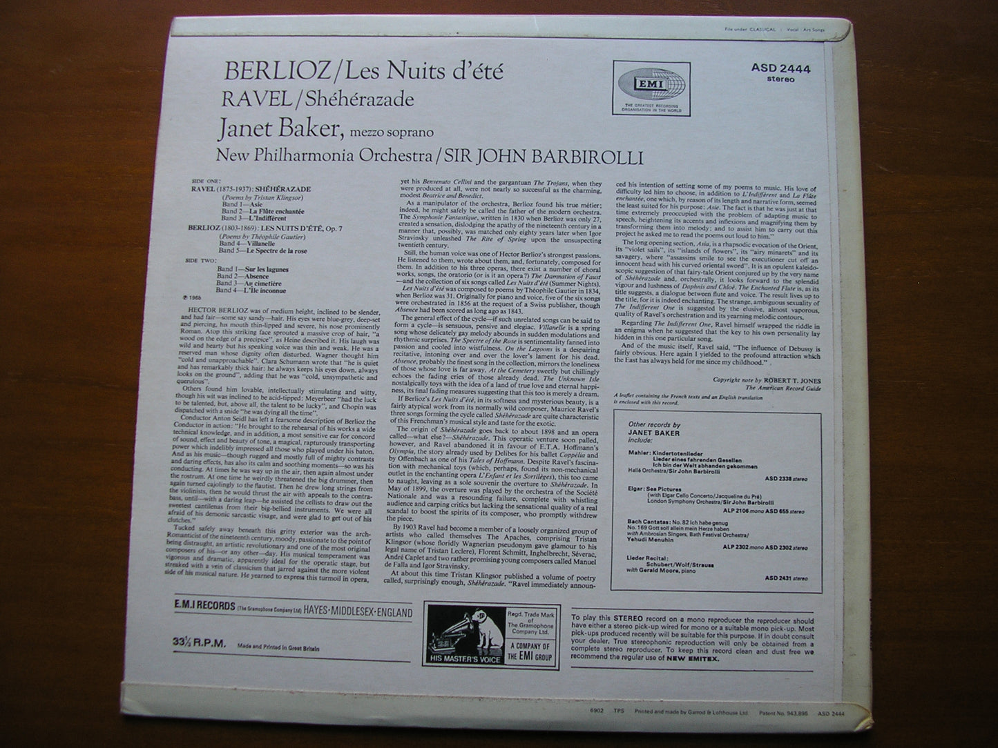 BERLIOZ: LES NUITS D'ETE / RAVEL: SHEHERAZADE     BAKER / NEW PHILHARMONIA / BARBIROLLI     ASD 2444