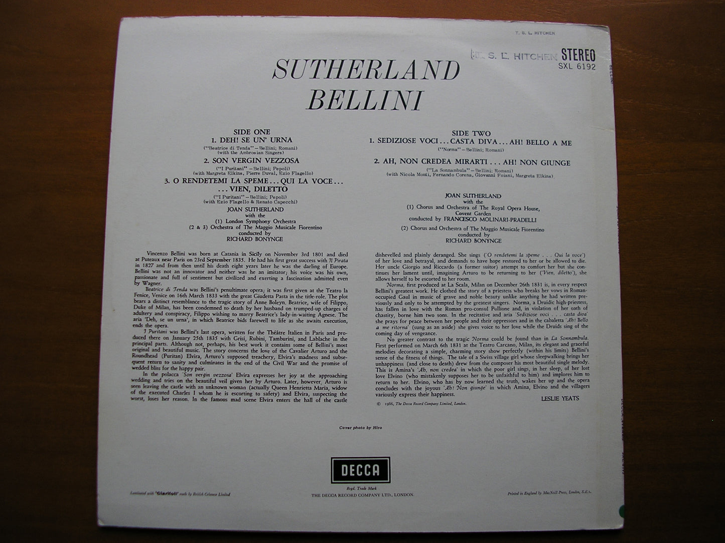SXL 6192 SUTHERLAND SINGS BELLINI BONYNGE / LSO / MOLINARI-PRADELLI / OROHCG ED1
