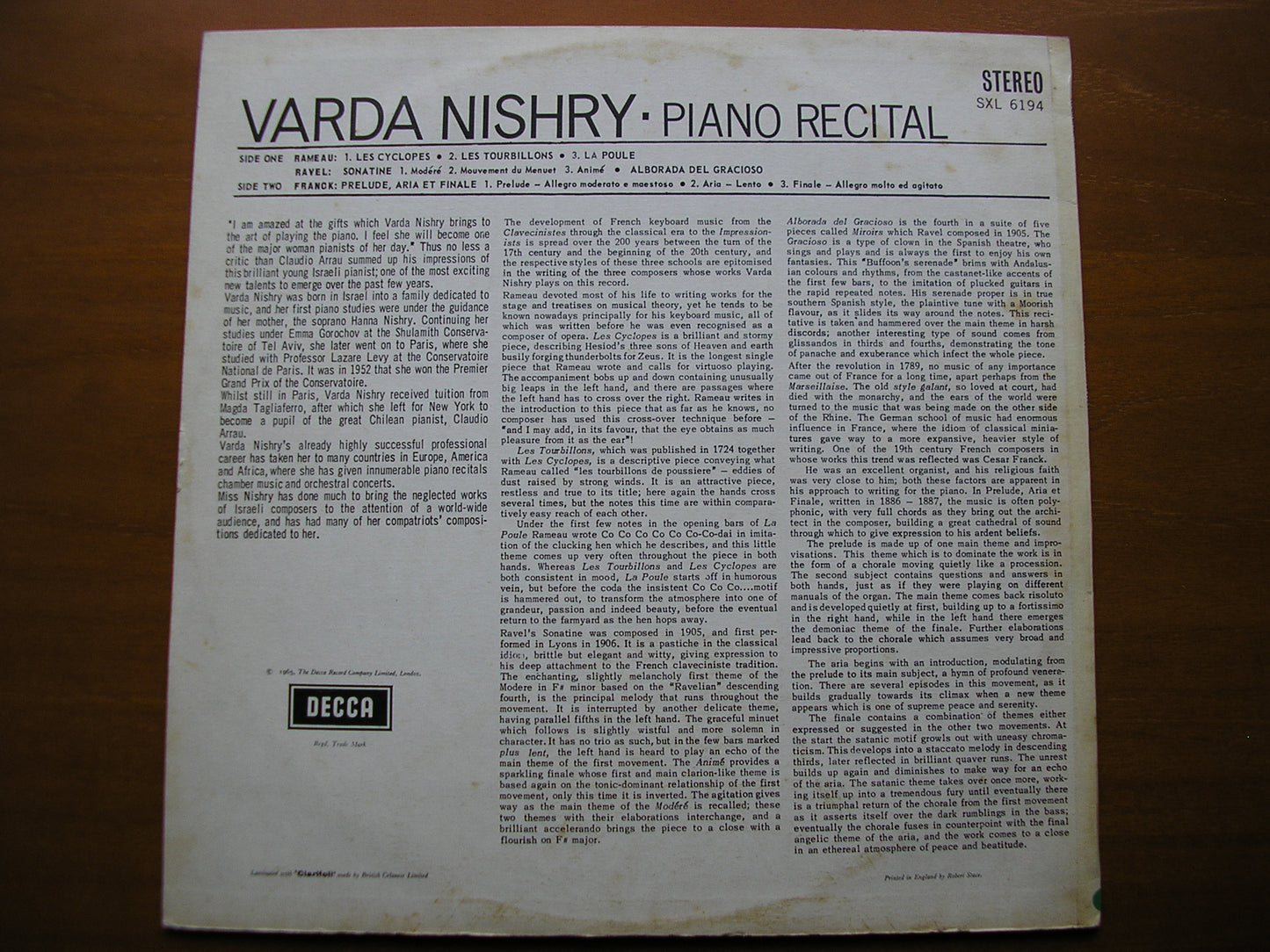 SXL 6194 RAMEAU / FRANCK / RAVEL: PIANO MUSIC VARDA NISHRY ED2