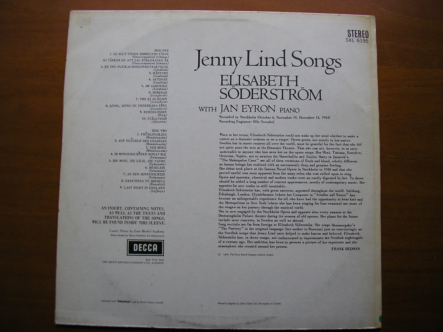 SXL 6195 JENNY LIND SONGS: MENDELSSOHN / SCHUMANN / LINDBLAD / JOSEPHSON ELISABETH SODERSTROM / JAN EYRON ED2