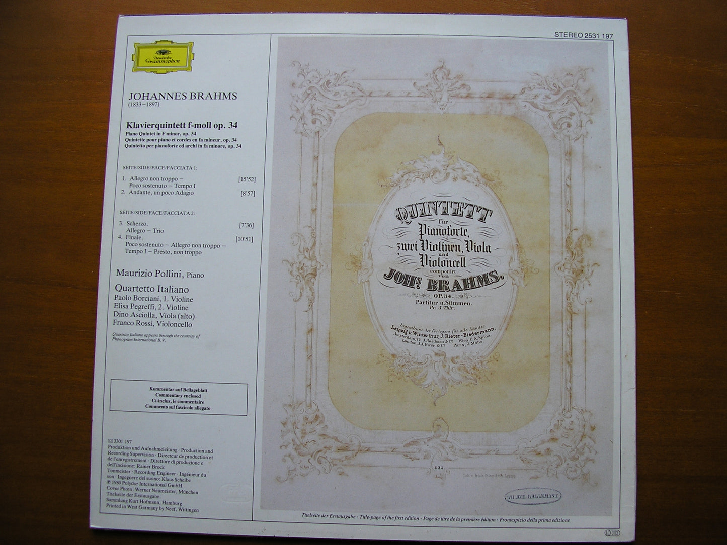 BRAHMS: PIANO QUINTET Op. 34 POLLINI / QUARTETTO ITALIANO 2531 197