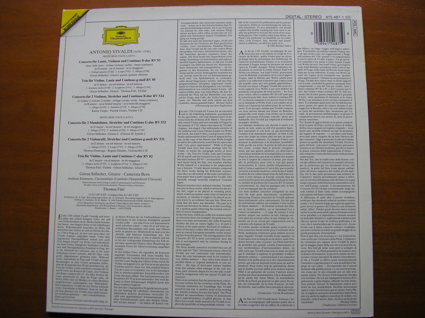 VIVALDI: CONCERTI SOLLSCHER / CAMERATA BERN / FURI 415 487