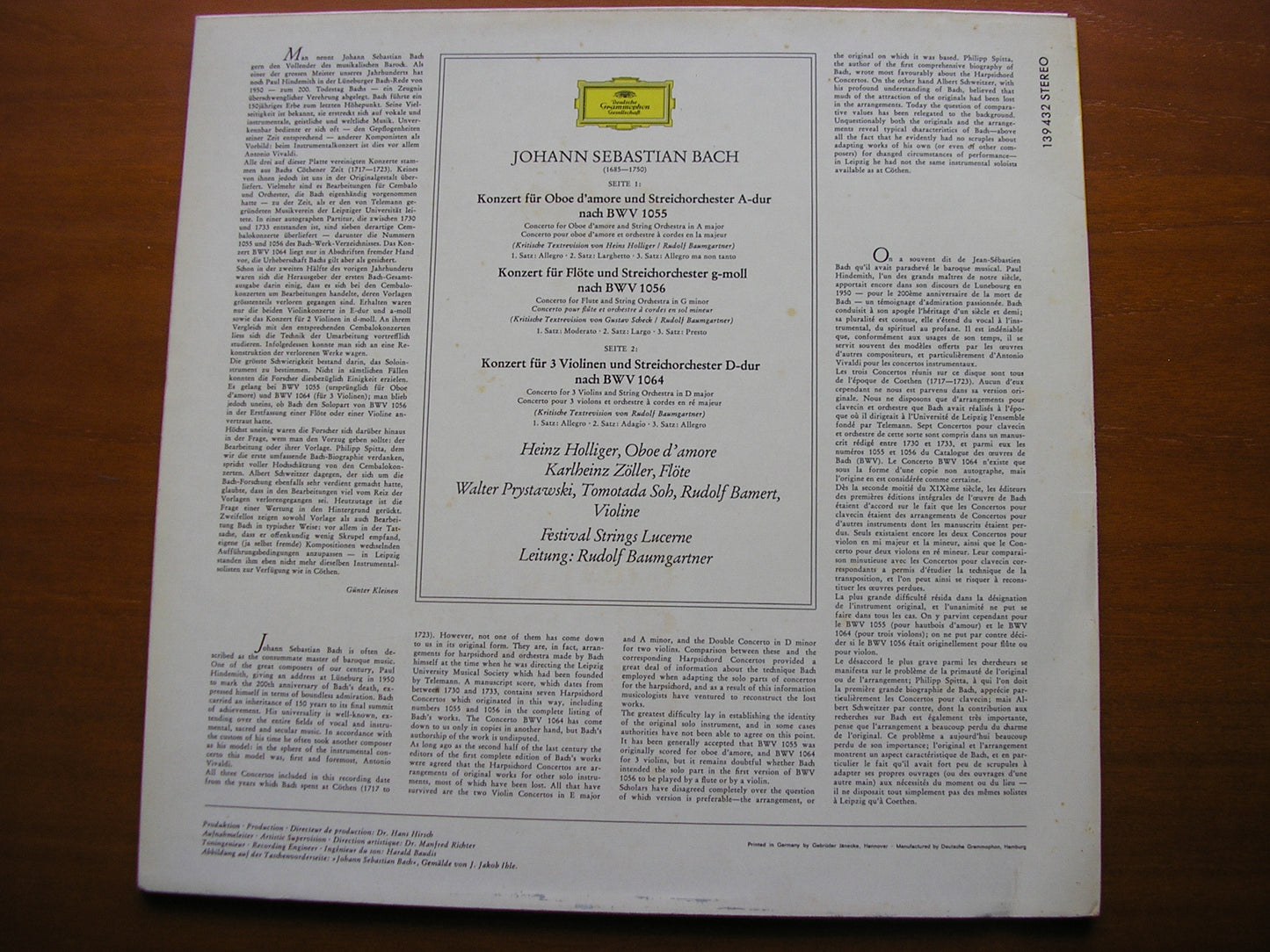 BACH: CONCERTOS    HOLLIGER / ZOLLER / BAMERT / SOH / PRYSTAWSKI / LUCERNE FESTIVAL STRINGS / RUDOLF BAUMGARTNER   139 432