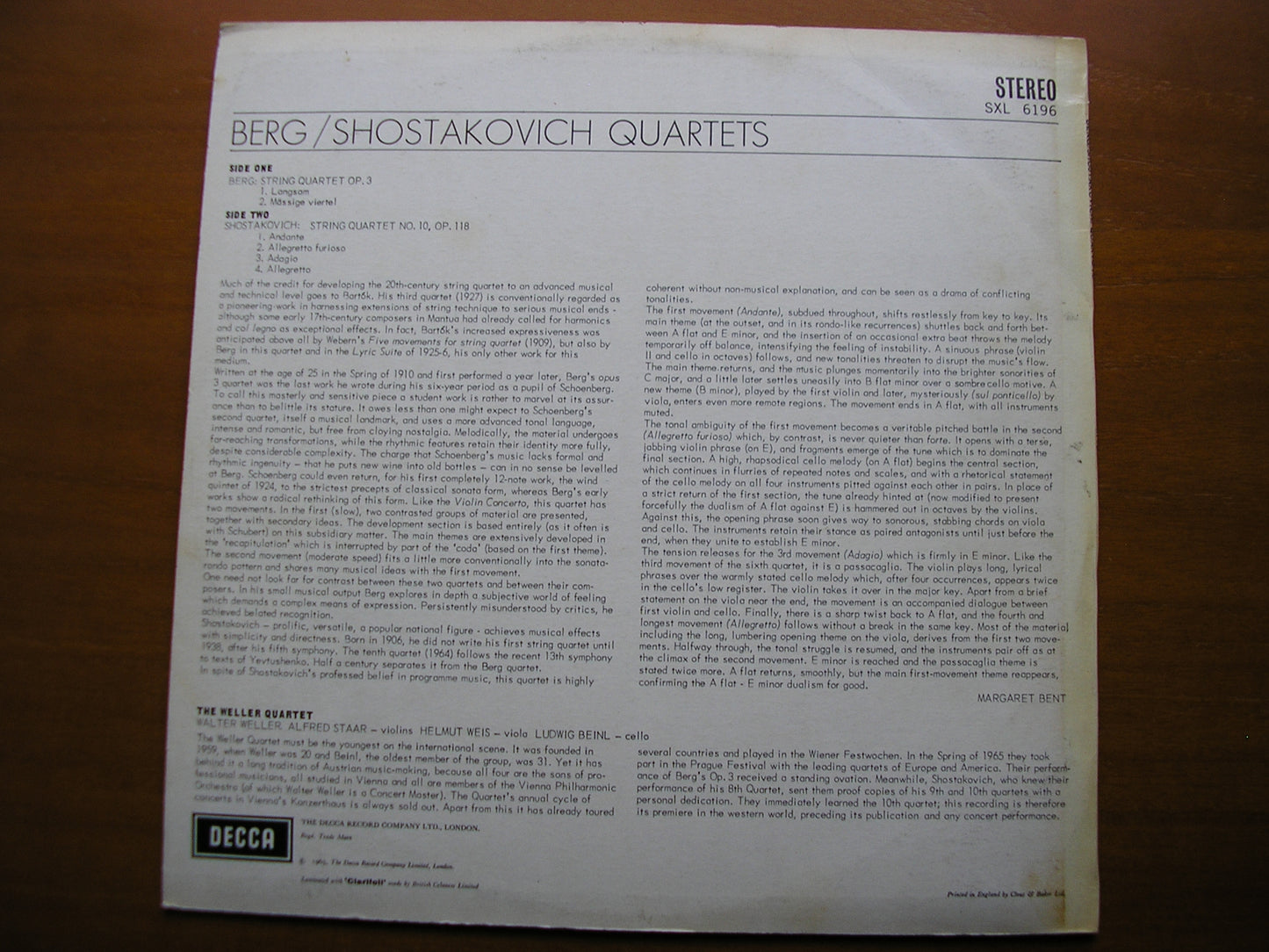 SXL 6196 SHOSTAKOVICH: STRING QUARTET No. 10 / BERG: QUARTET Op. 3 THE WELLER QUARTET ED2