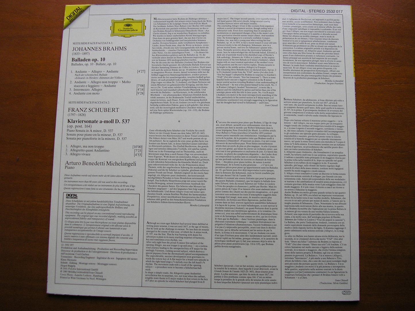 BRAHMS: 4 BALLADES Op. 10 / SCHUBERT: PIANO SONATA D537 MICHELANGELI 2532 017
