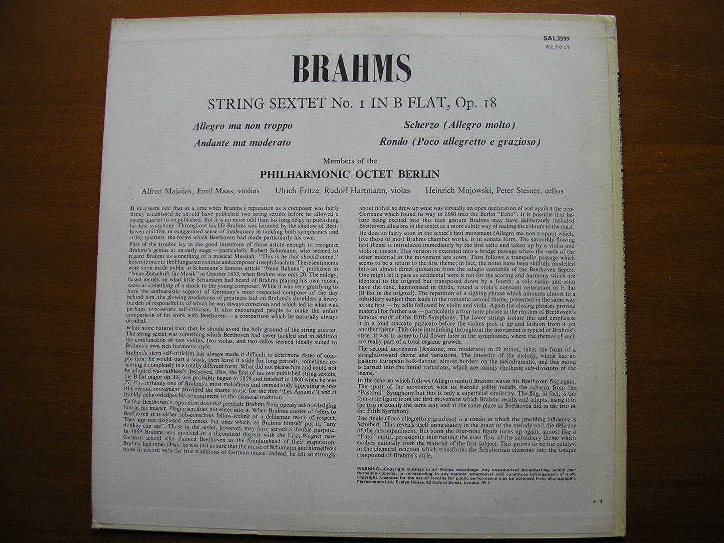 BRAHMS: STRING SEXTET Op. 18 BERLIN PHILHARMONIC OCTET SAL 3599
