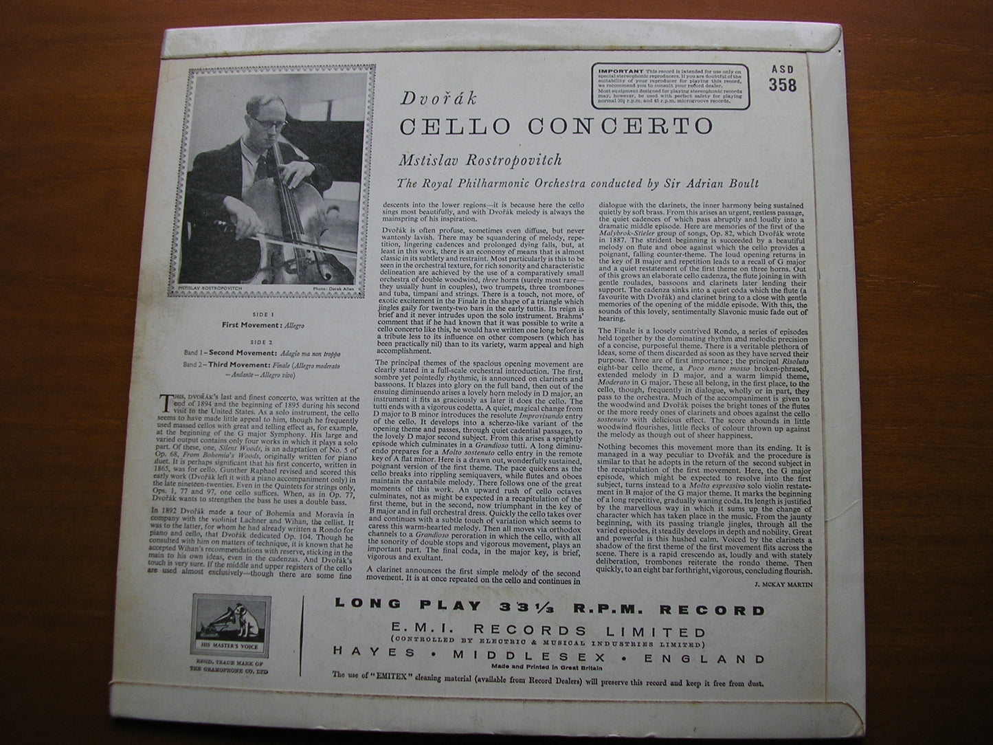 DVORAK: CELLO CONCERTO ROSTROPOVICH / ROYAL PHILHARMONIC / BOULT ASD 358