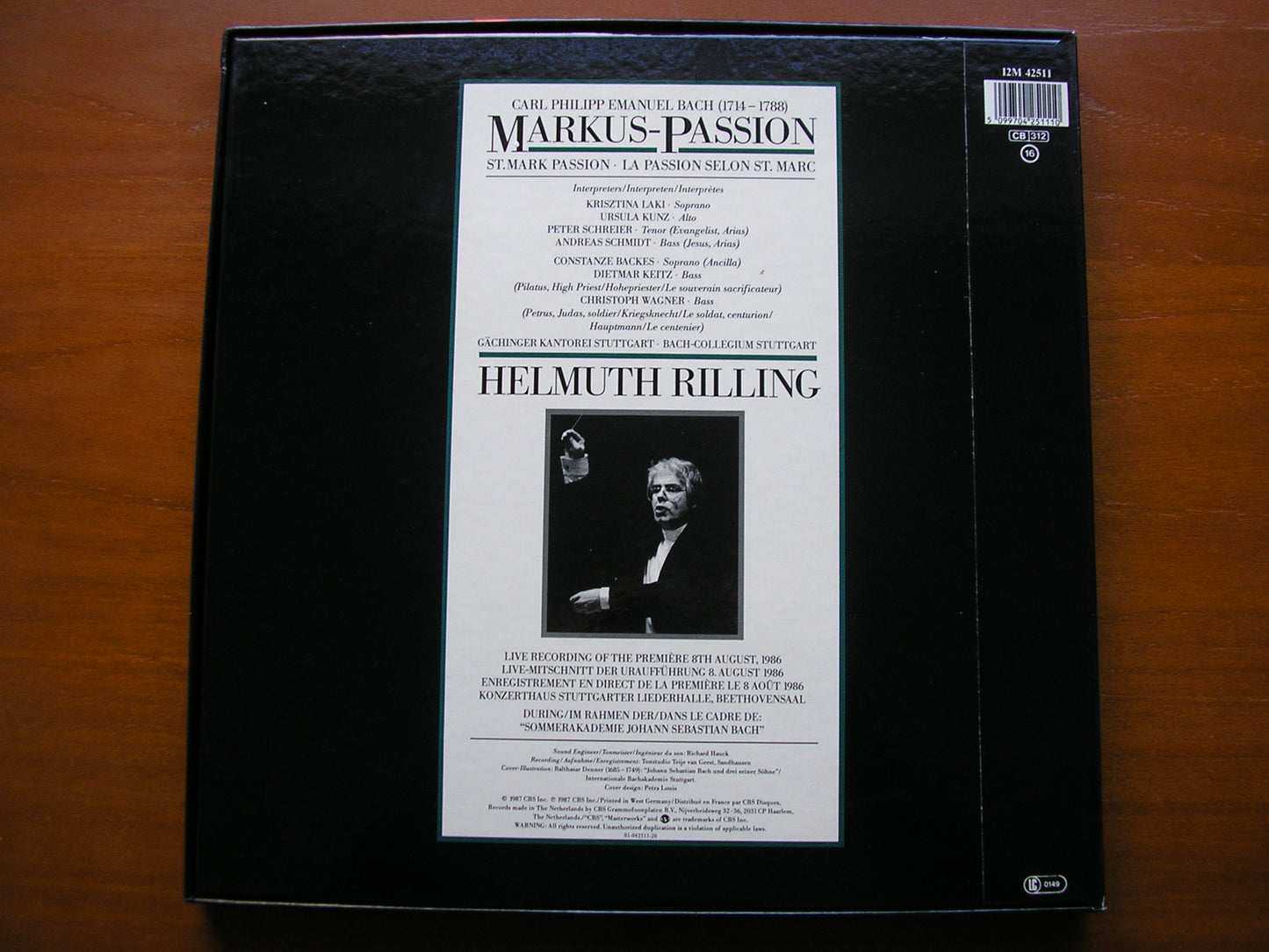 BACH, CARL PHILIPP EMANUEL: St. MARK PASSION     LAKI / KUNZ / SCHREIER / SCHMIDT / BACH-COLLEGIUM STUTTGART / RILLING    2LP     12M 42511