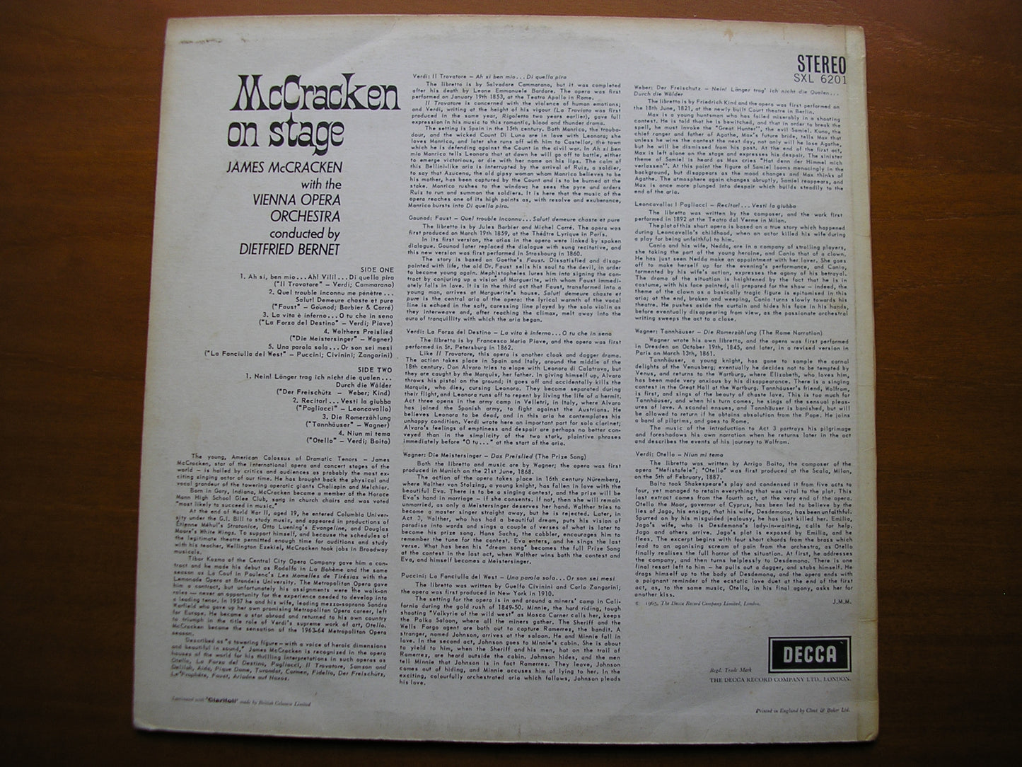 SXL 6201 JAMES McCRACKEN SINGS OPERA ARIAS VIENNA OPERA ORCHESTRA / BERNET ED2