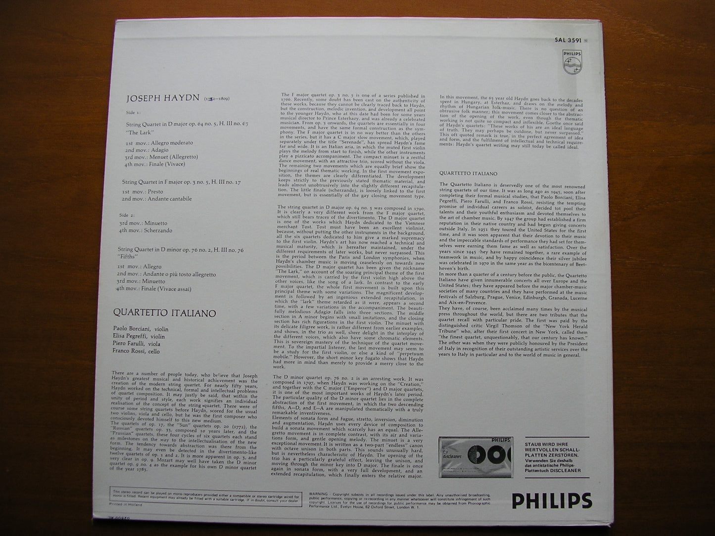 HAYDN: THREE STRING QUARTETS QUARTETTO ITALIANO SAL 3591