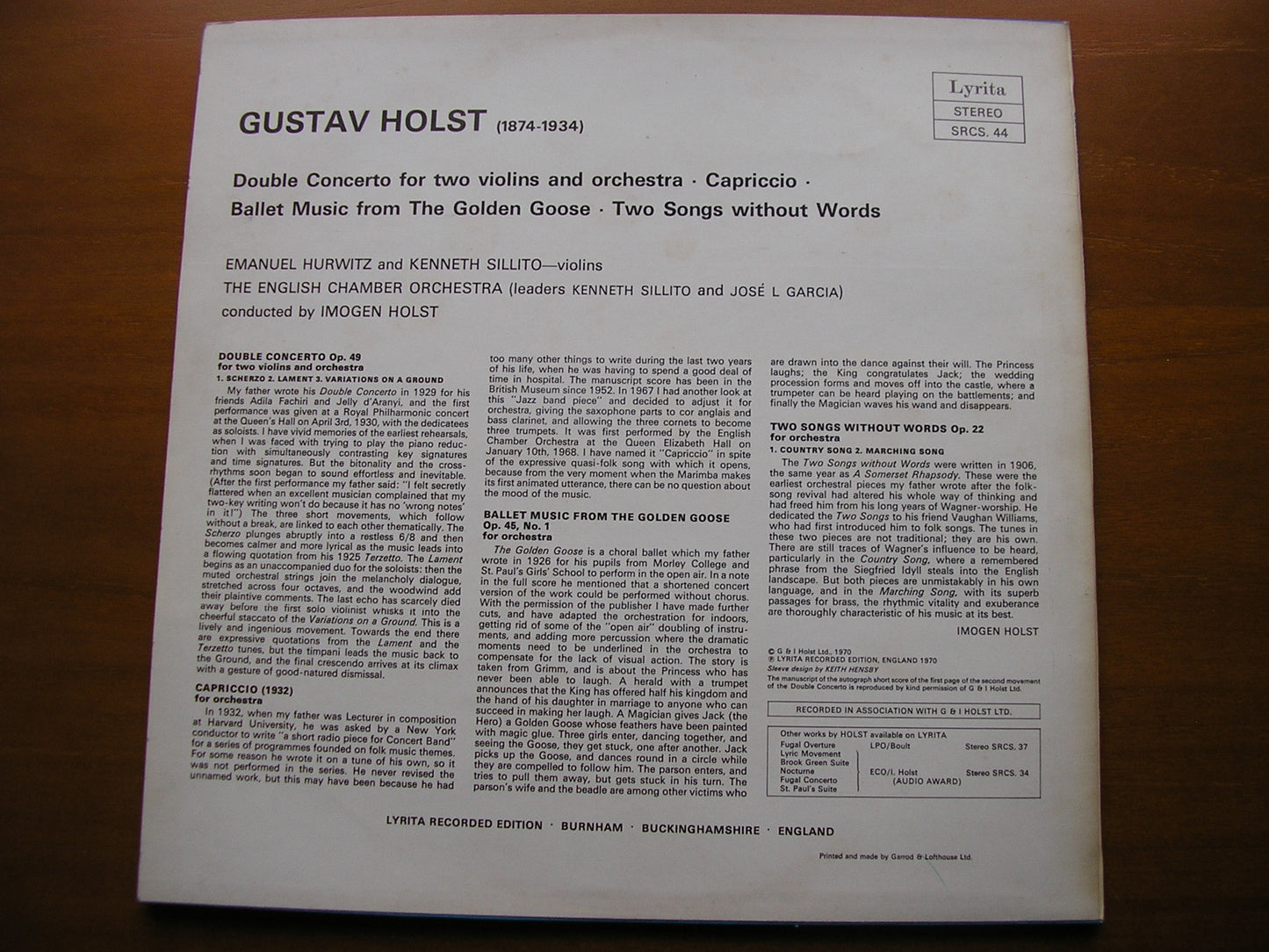 HOLST: DOUBLE CONCERTO / CAPRICCIO / GOLDEN GOOSE ballet music HURWITZ / SILLITO / ENGLISH CHAMBER ORCHESTRA / IMOGEN HOLST SRCS 44
