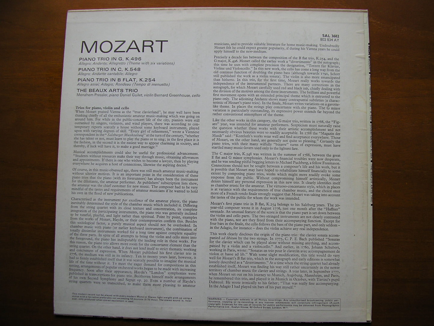 MOZART: PIANO TRIOS K254 / K496 / K548 THE BEAUX ARTS TRIO SAL 3682