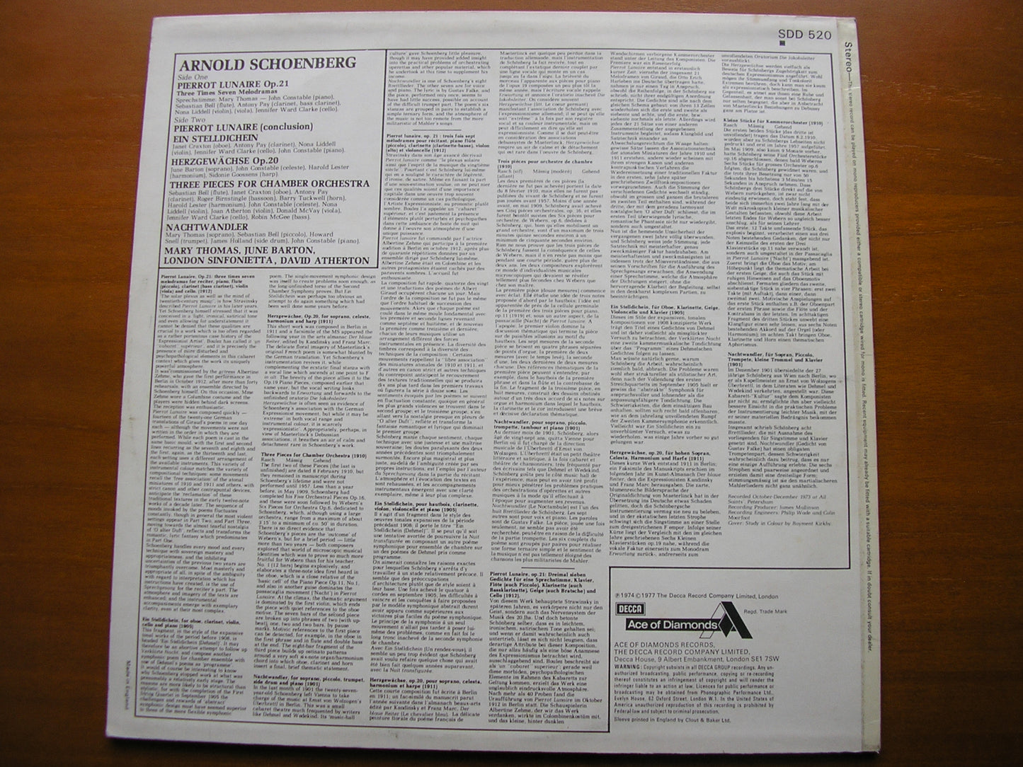 SCHOENBERG: PIERROT LUNAIRE SOLOISTS / LONDON SINFONIETTA / ATHERTON SDD 520
