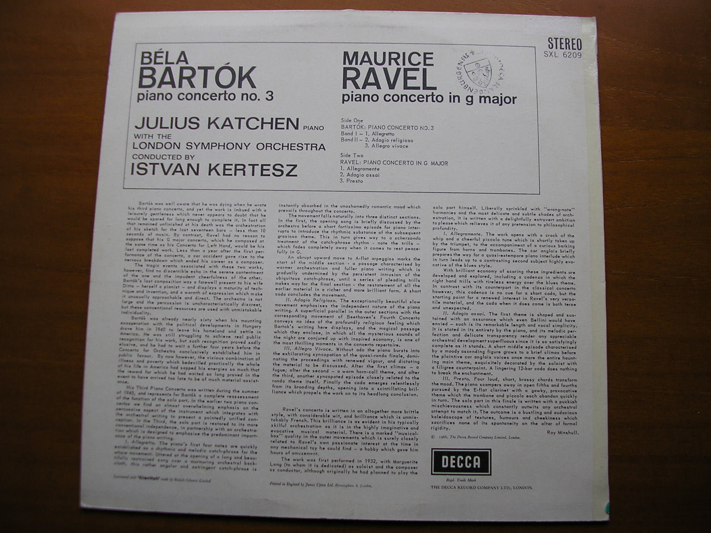 SXL 6209 BARTOK: PIANO CONCERTO No. 3 / RAVEL: PIANO CONCERTO in G KATCHEN / LONDON SYMPHONY / KERTESZ ED2