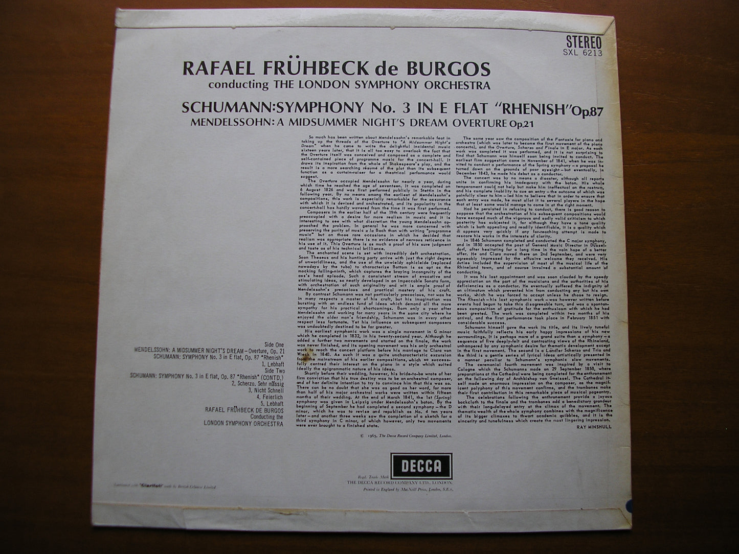 SXL 6213 SCHUMANN: SYMPHONY No. 3 'Rhenish' / MENDELSSOHN: OVERTURE ED1