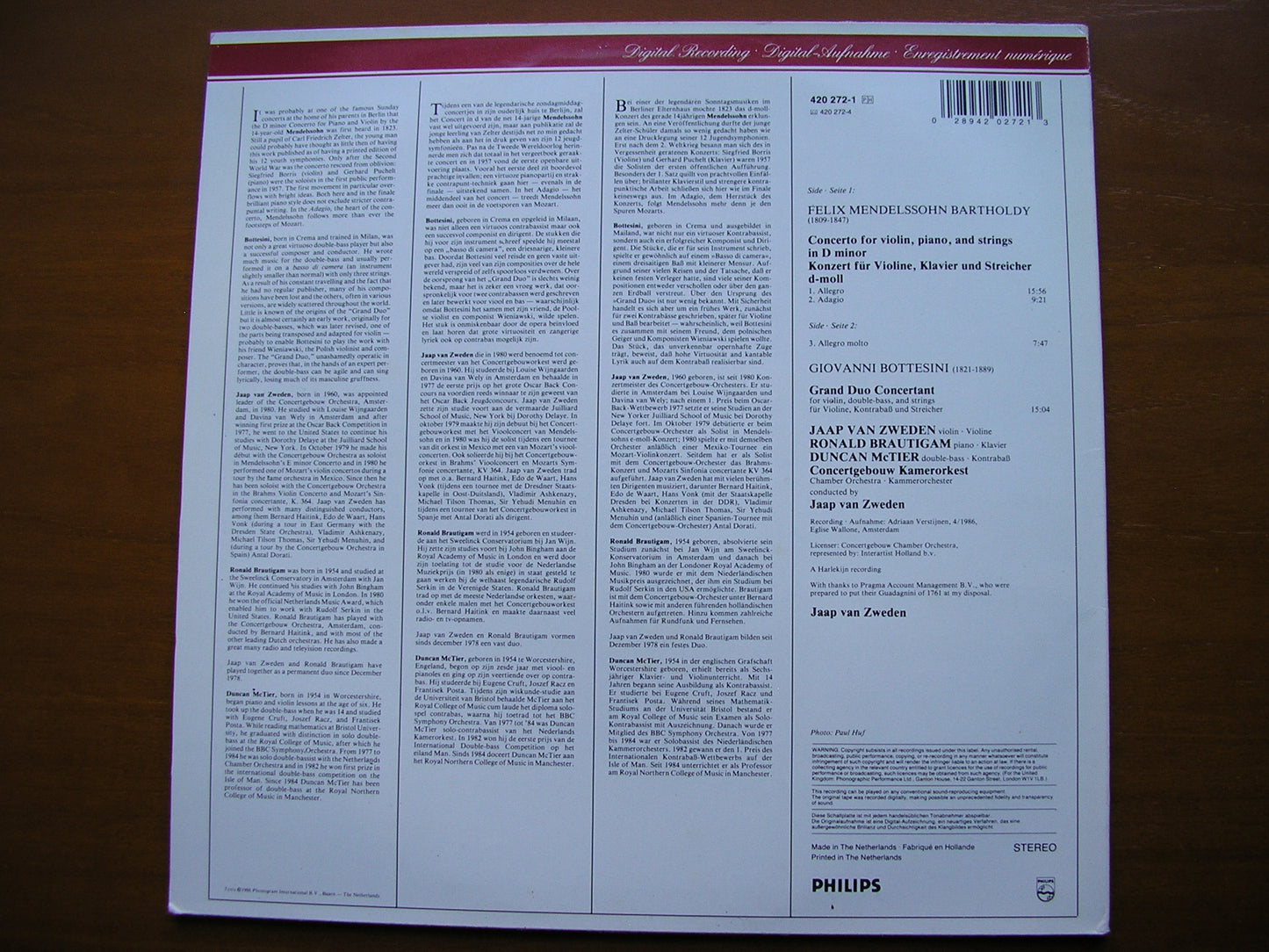 BOTTESINI: GRAND DUO CONCERTANT / MENDELSSOHN: CONCERTO FOR VIOLIN, PIANO & STRINGS SOLOISTS / CONCERTGEBOUW CHAMBER ORCHESTRA