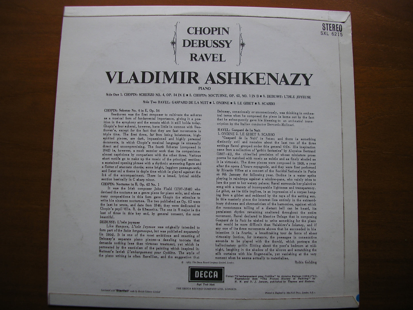 SXL 6215 CHOPIN / DEBUSSY / RAVEL: PIANO MUSIC ASHKENAZY ED1