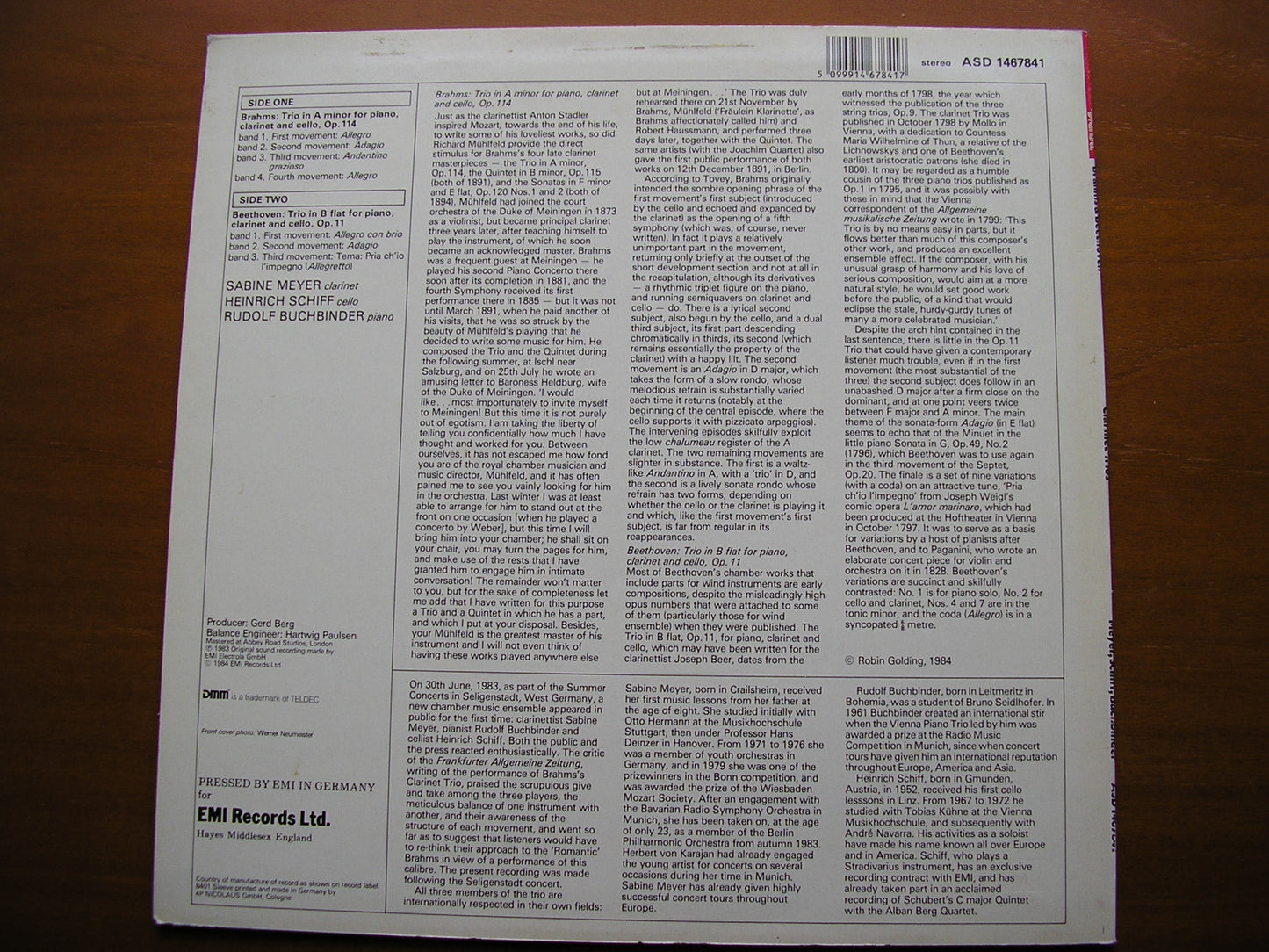 BRAHMS: CLARINET TRIO in A / BEETHOVEN: CLARINET TRIO in B MEYER / SCHIFF / BUCHBINDER ASD 1467841