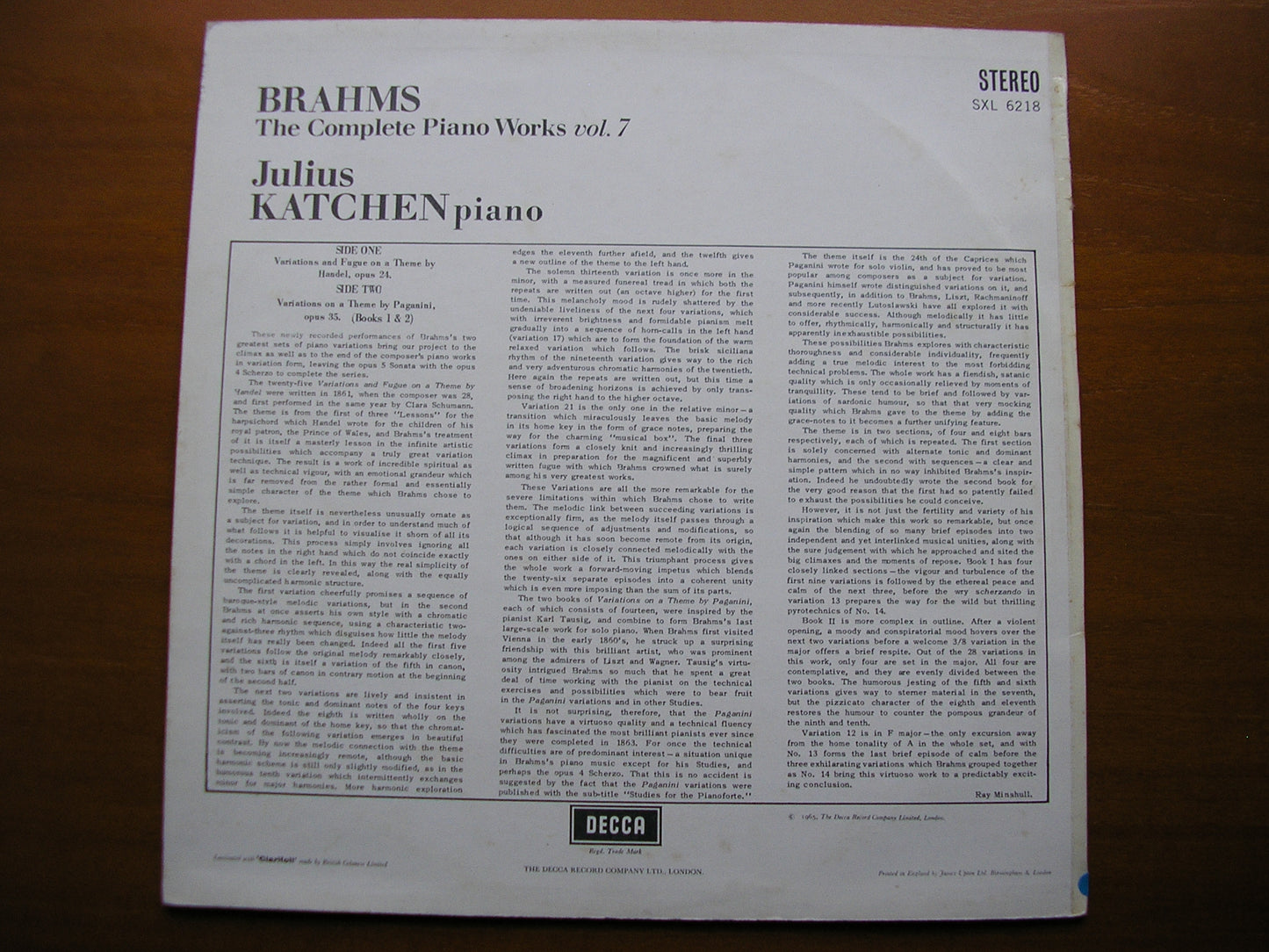 SXL 6218 BRAHMS: COMPLETE PIANO WORKS Volume 7 JULIUS KATCHEN ED1
