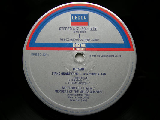 MOZART: PIANO QUARTETS K478 & K 493 MELOS QUARTET / SIR GEORG SOLTI 417 190
