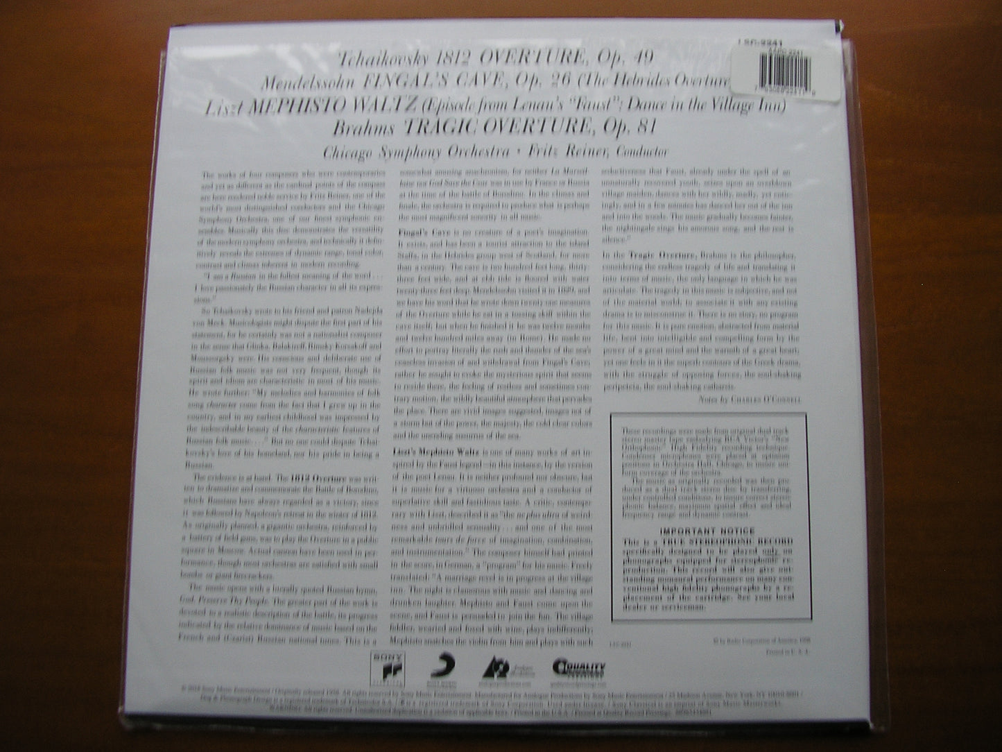 TCHAIKOVSKY: 1812 / LISZT: MEPHISTO WALTZ / BRAHMS: TRAGIC OVERTURE / MENDELSSOHN: FINGAL'S CAVE      REINER / CHICAGO SYMPHONY     LSC 2241