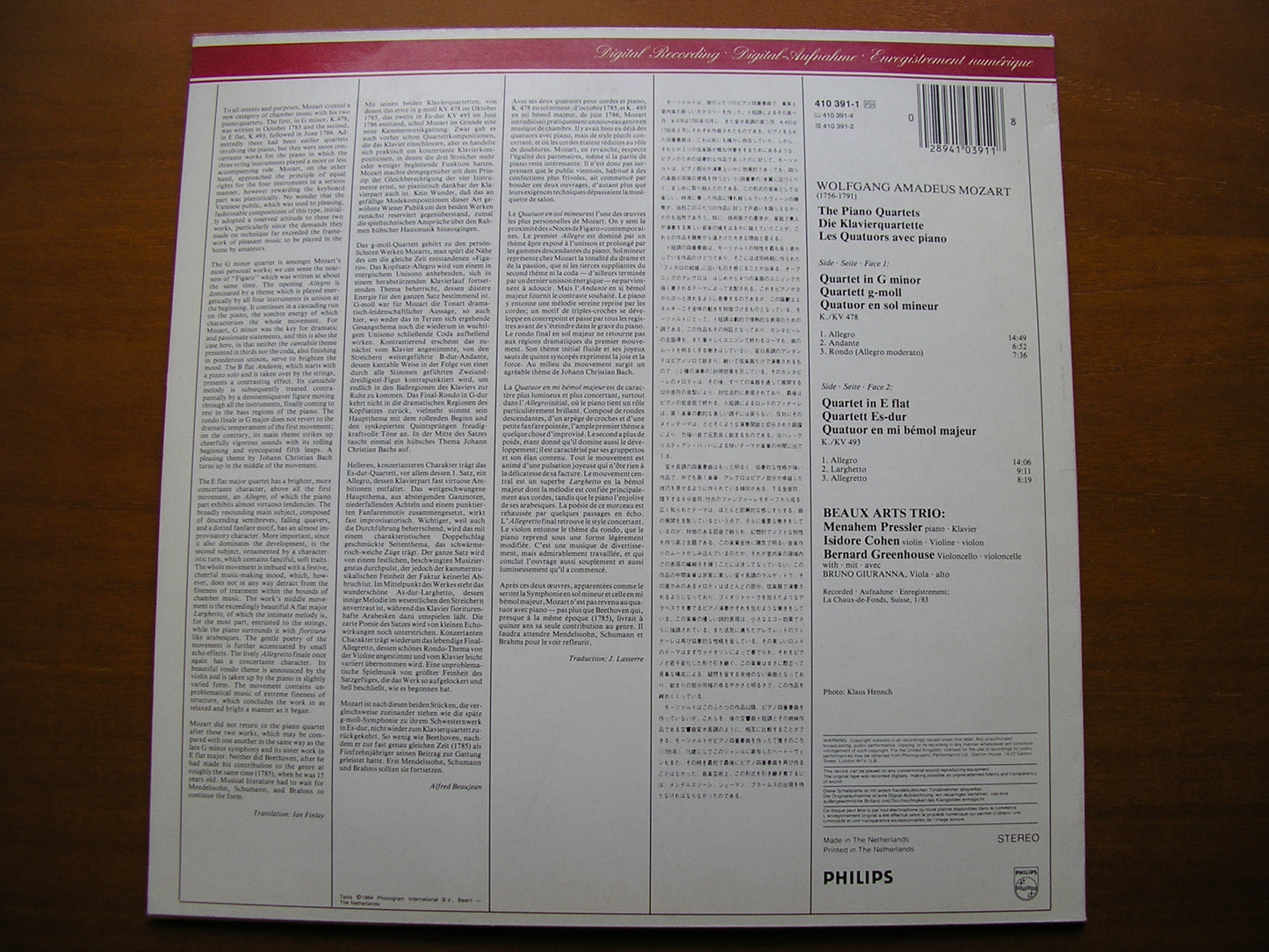 MOZART: PIANO QUARTETS K478 in G / K493 in E GIURANNA / THE BEAUX ARTS TRIO 410 391