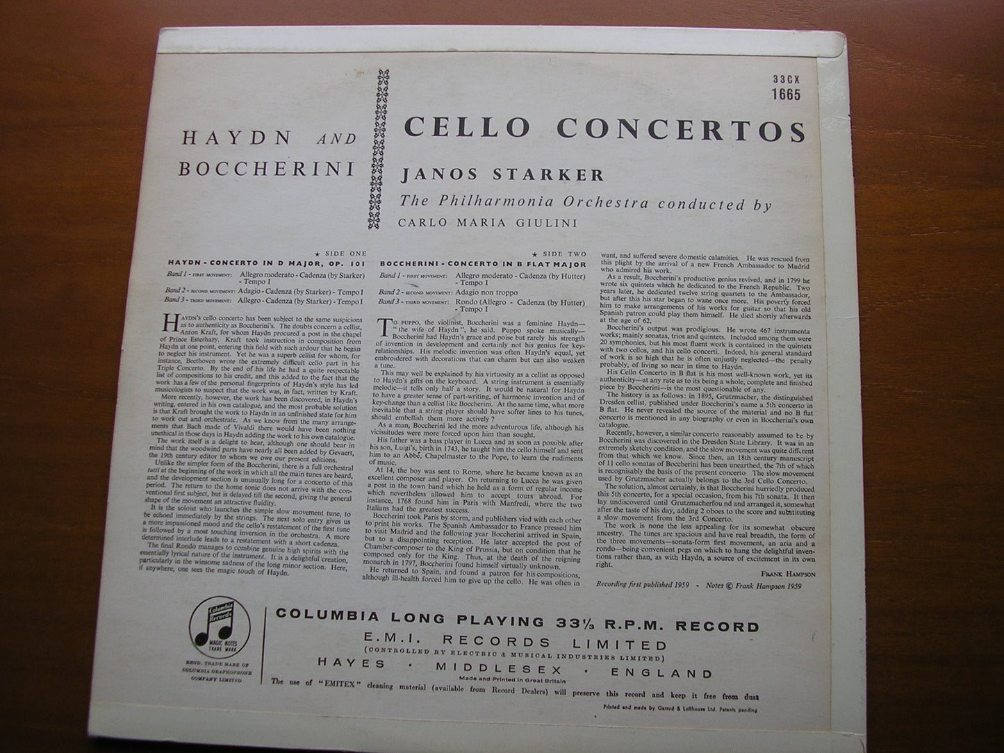 BOCCHERINI: CELLO CONCERTO / HAYDN: CELLO CONCERTO JANOS STARKER / PHILHARMONIA / GIULINI 33CX 1665*