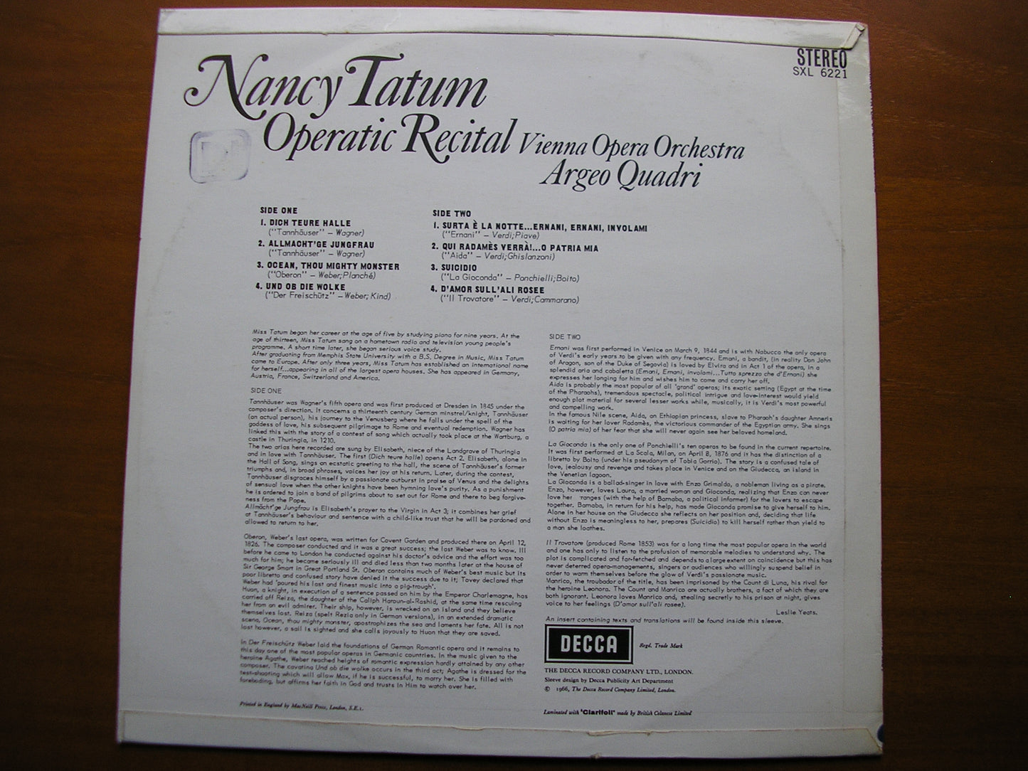 SXL 6221 NANCY TATUM SINGS OPERA ARIAS VIENNA OPERA ORCHESTRA / QUADRI ED1