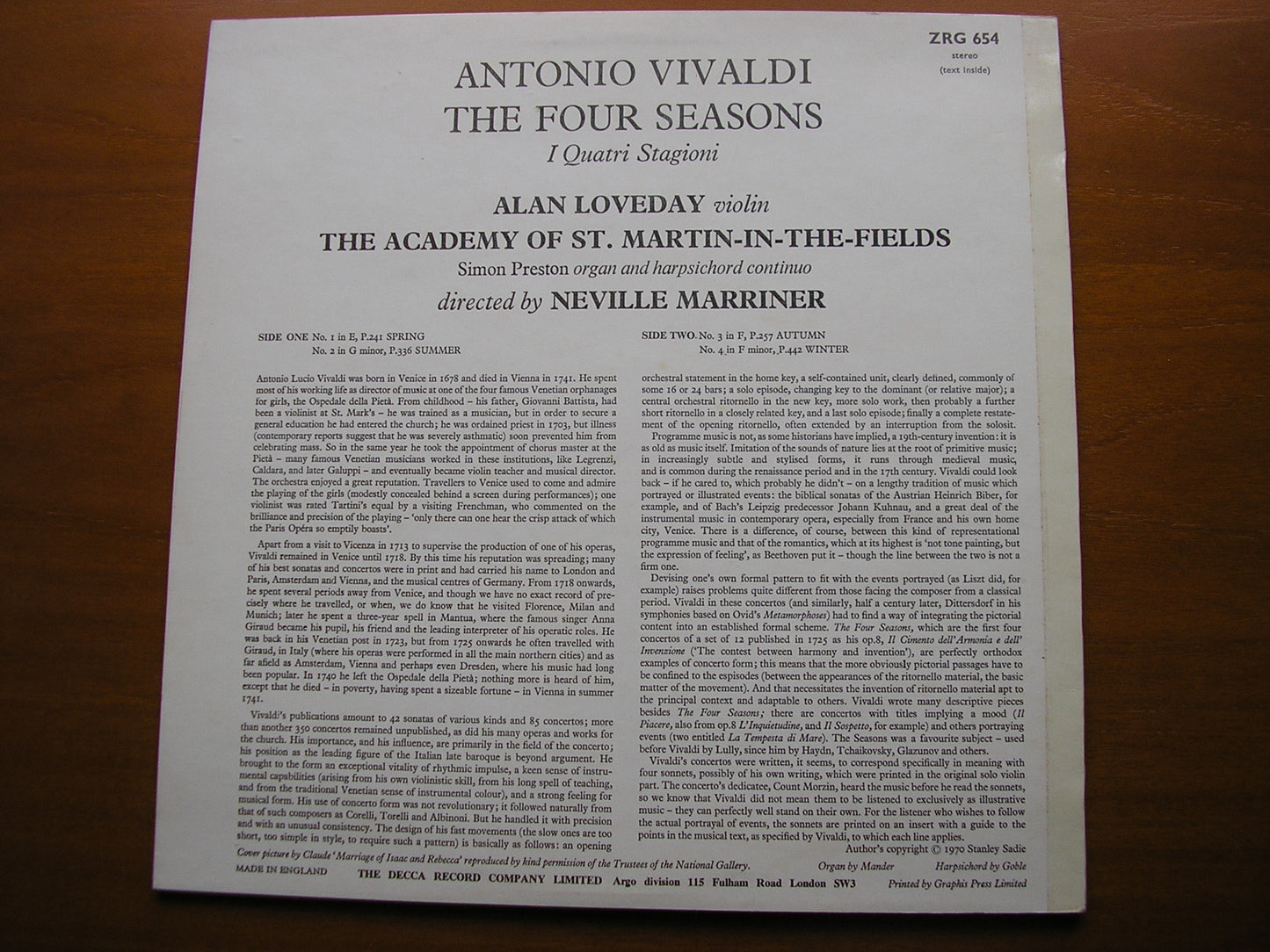 VIVALDI: THE FOUR SEASONS LOVEDAY / ASMIF / MARRINER ZRG 654