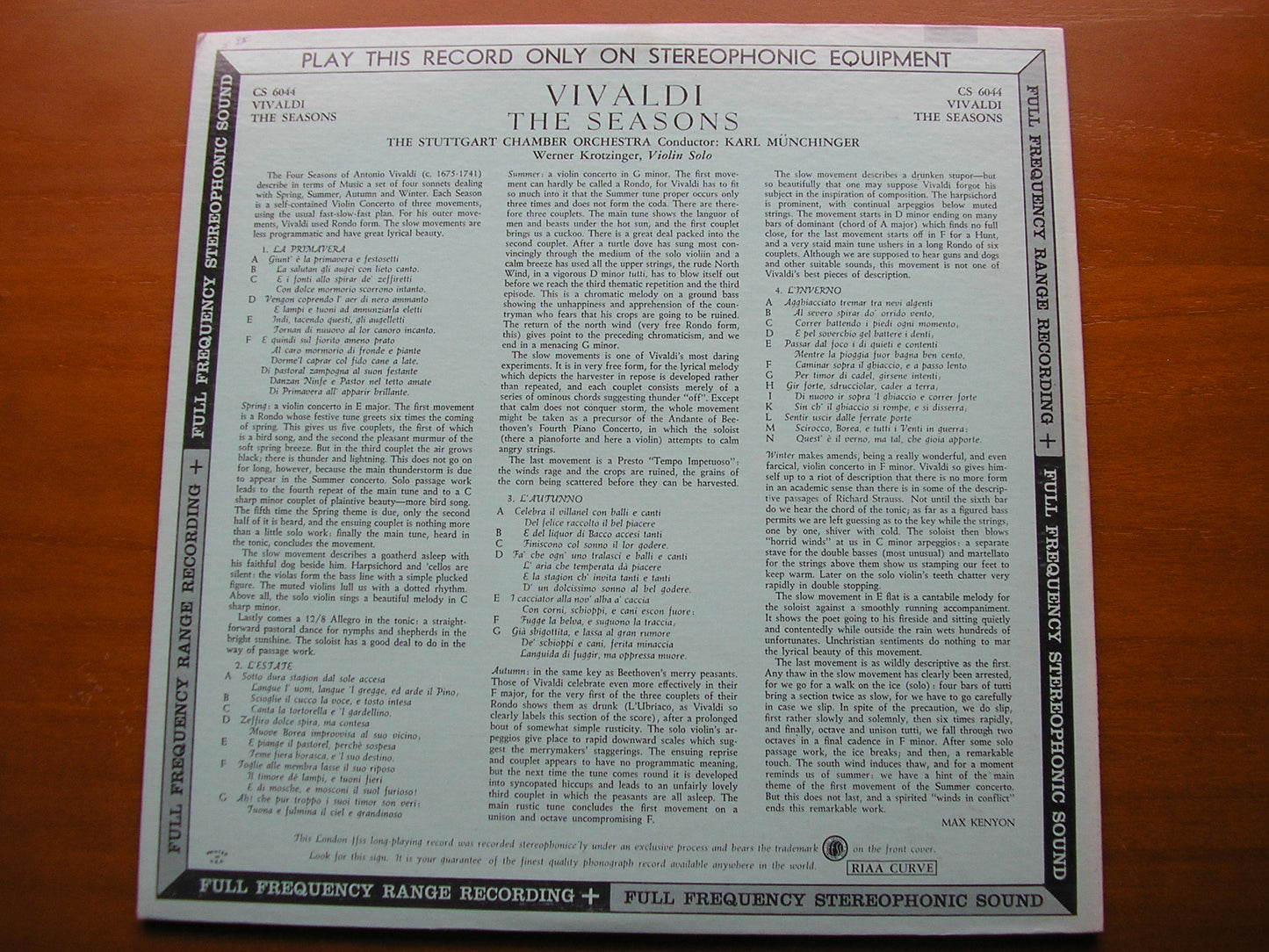 VIVALDI: THE FOUR SEASONS        KROTZINGER / STUTTGART CHAMBER ORCHESTRA / MUNCHINGER     CS 6044