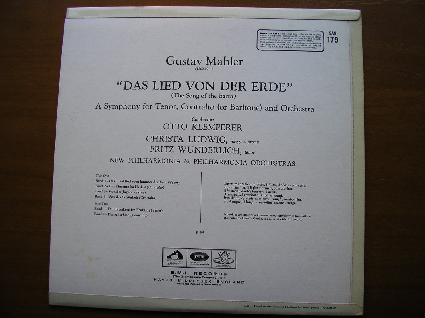 MAHLER: DAS LIED VON DER ERDE LUDWIG / WUNDERLICH / NEW PHILHARMONIA / KLEMPERER SAN 179
