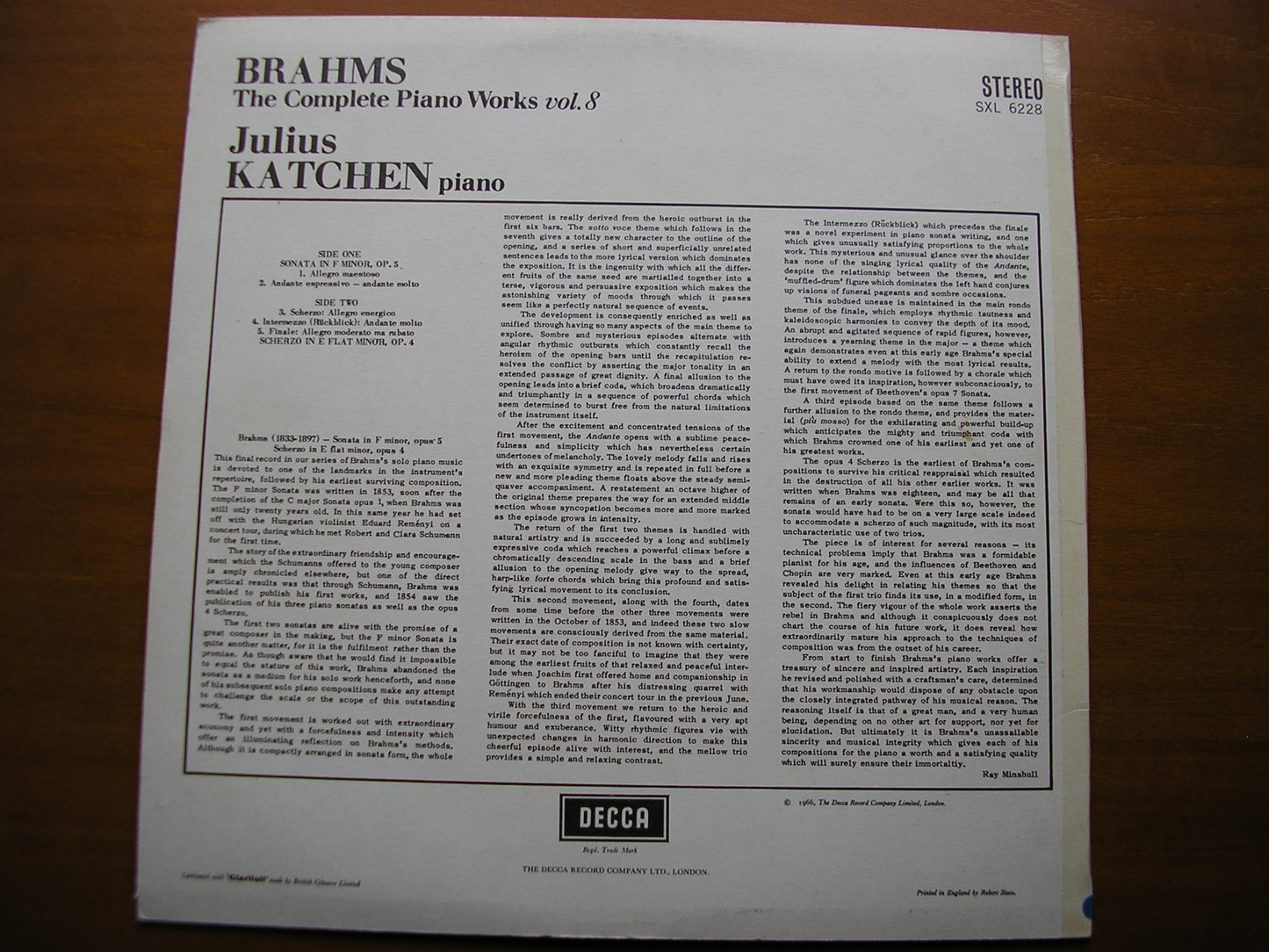 SXL 6228 BRAHMS: COMPLETE PIANO WORKS Volume 8 JULIUS KATCHEN ED1