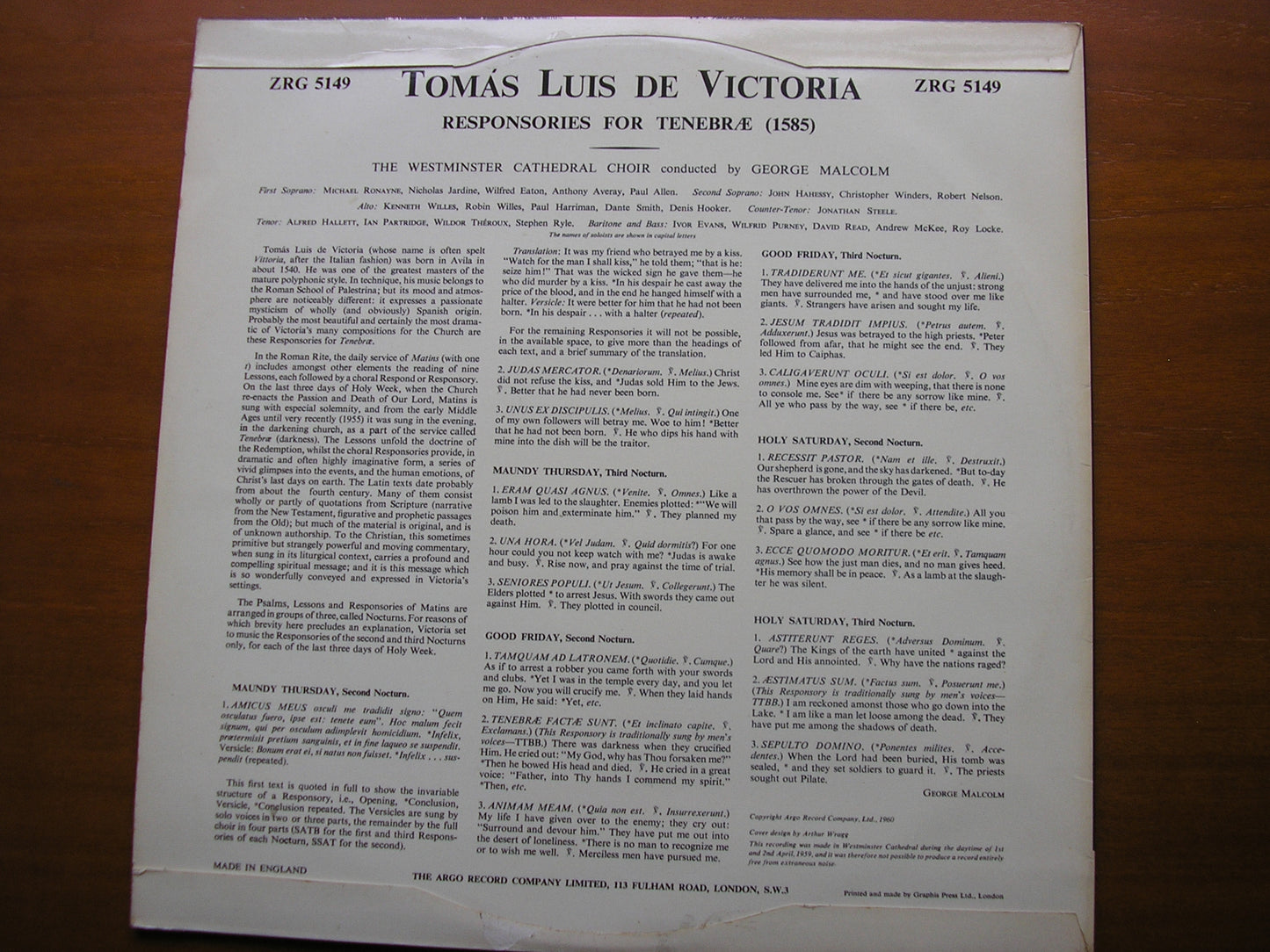 VICTORIA: RESPONSORIES FOR TENEBRAE WESTMINSTER CATHEDRAL CHOIR / MALCOLM ZRG 5149