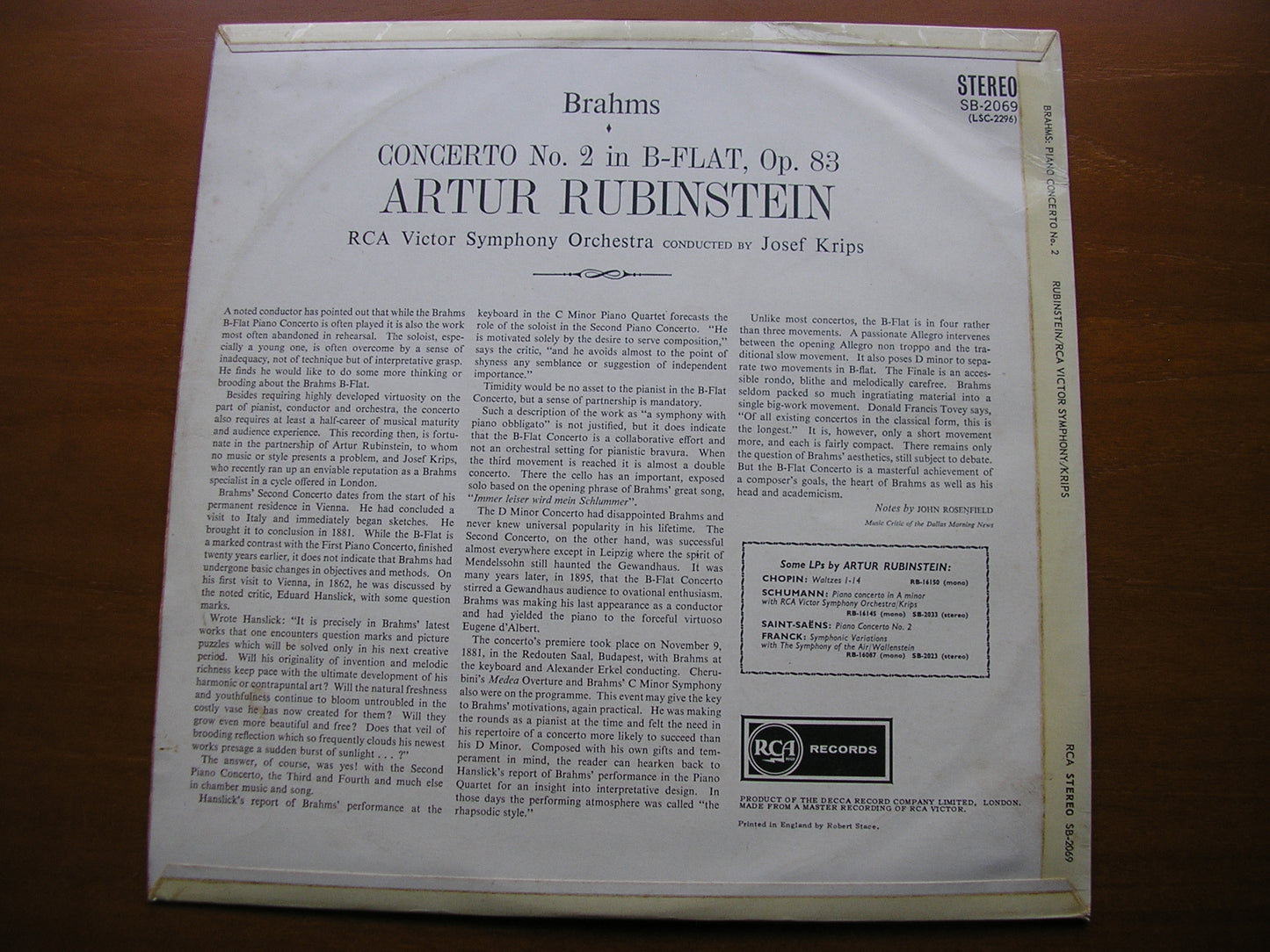BRAHMS: PIANO CONCERTO No. 2 RUBINSTEIN / RCA VICTOR SYMPHONY / KRIPS SB 2069