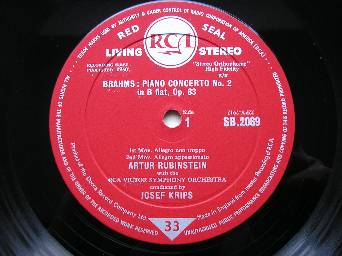 BRAHMS: PIANO CONCERTO No. 2 RUBINSTEIN / RCA VICTOR SYMPHONY / KRIPS SB 2069