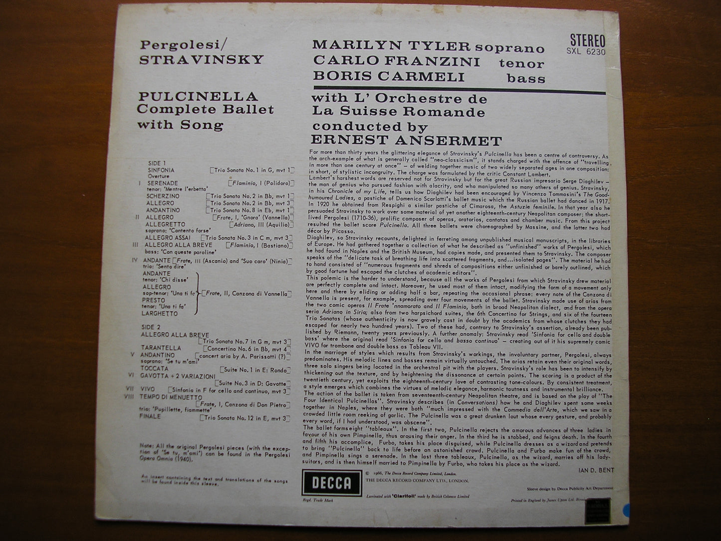 SXL 6230 STRAVINSKY: PULCINELLA complete ballet SOLOISTS / SUISSE ROMANDE / ANSERMET ED1