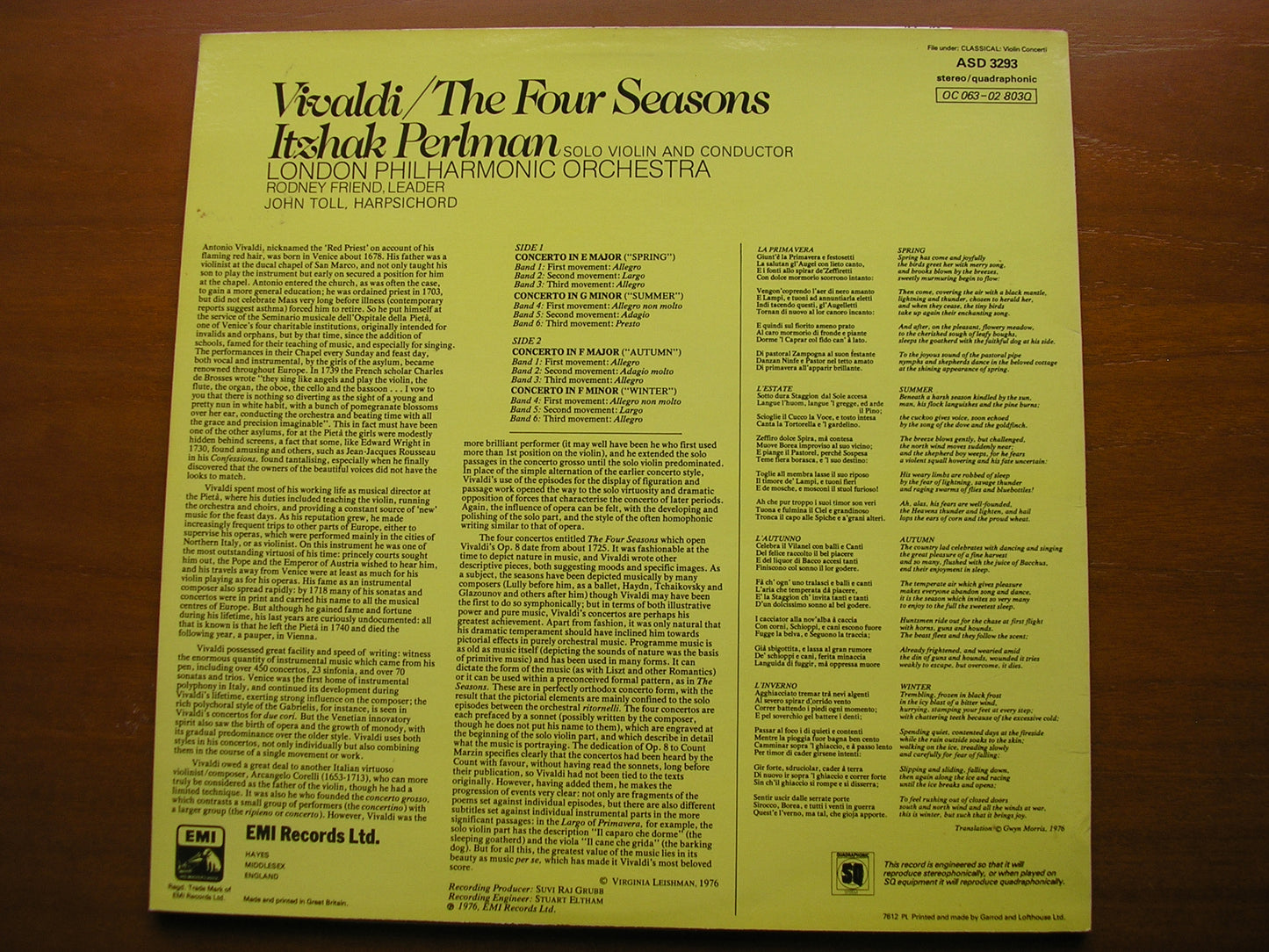 VIVALDI: THE FOUR SEASONS PERLMAN / LONDON PHILHARMONIC ORCHESTRA ASD 3293