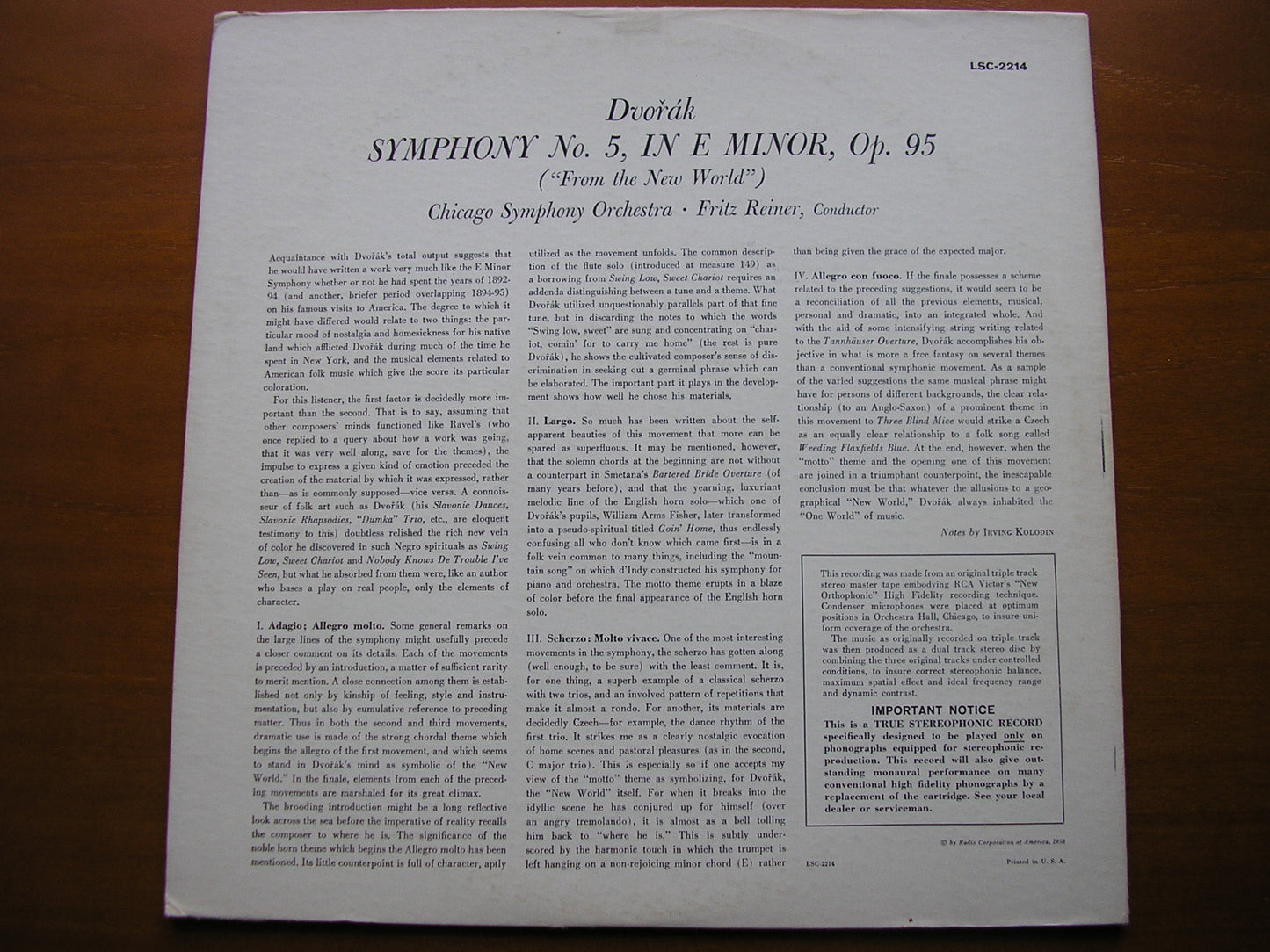 DVORAK: SYMPHONY No. 9 From the New World      FRITZ REINER / CHICAGO SYMPHONY     LSC 2214