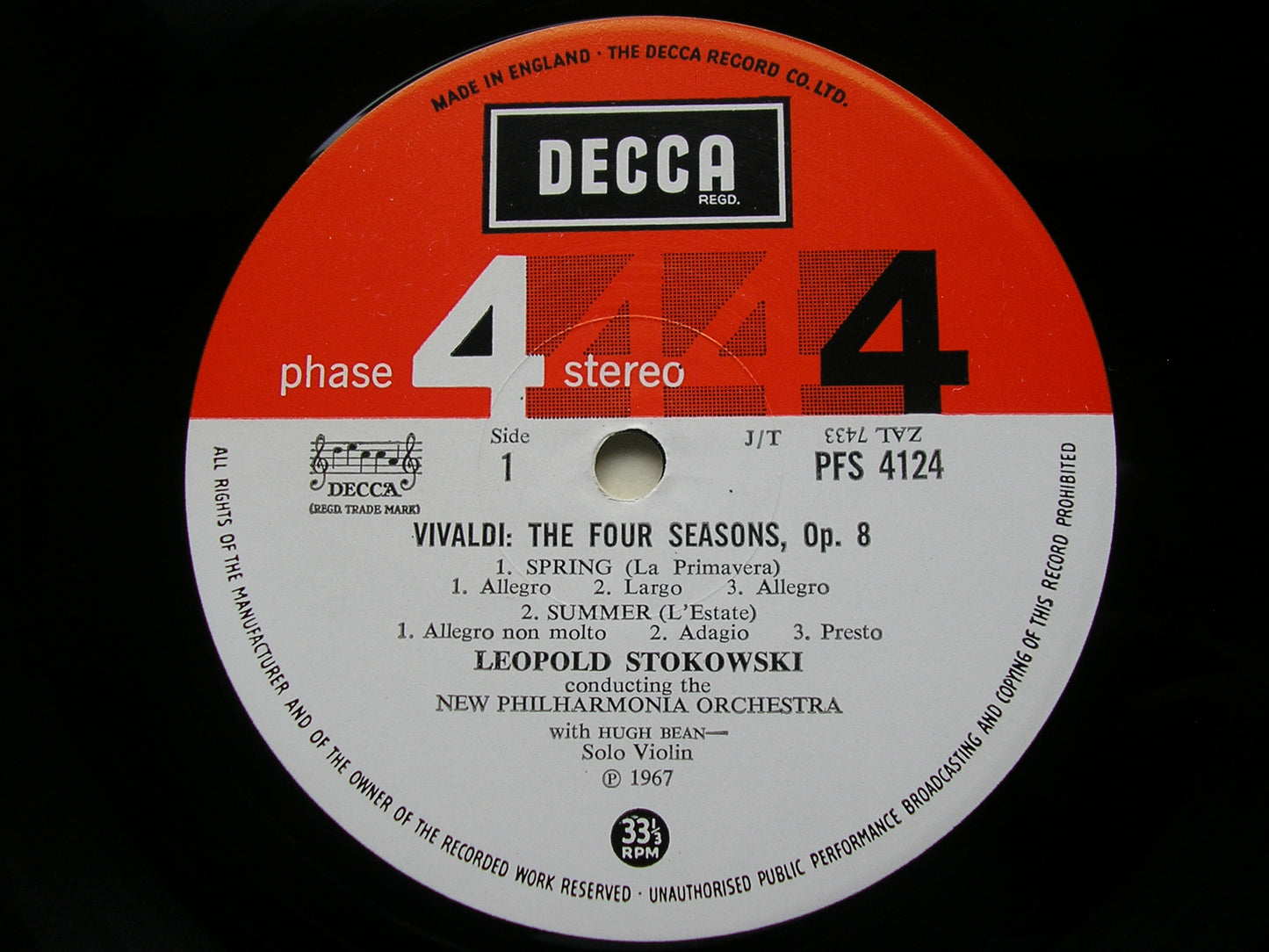 VIVALDI: THE FOUR SEASONS       BEAN / NEW PHILHARMONIA / STOKOWSKI      PFS 4124