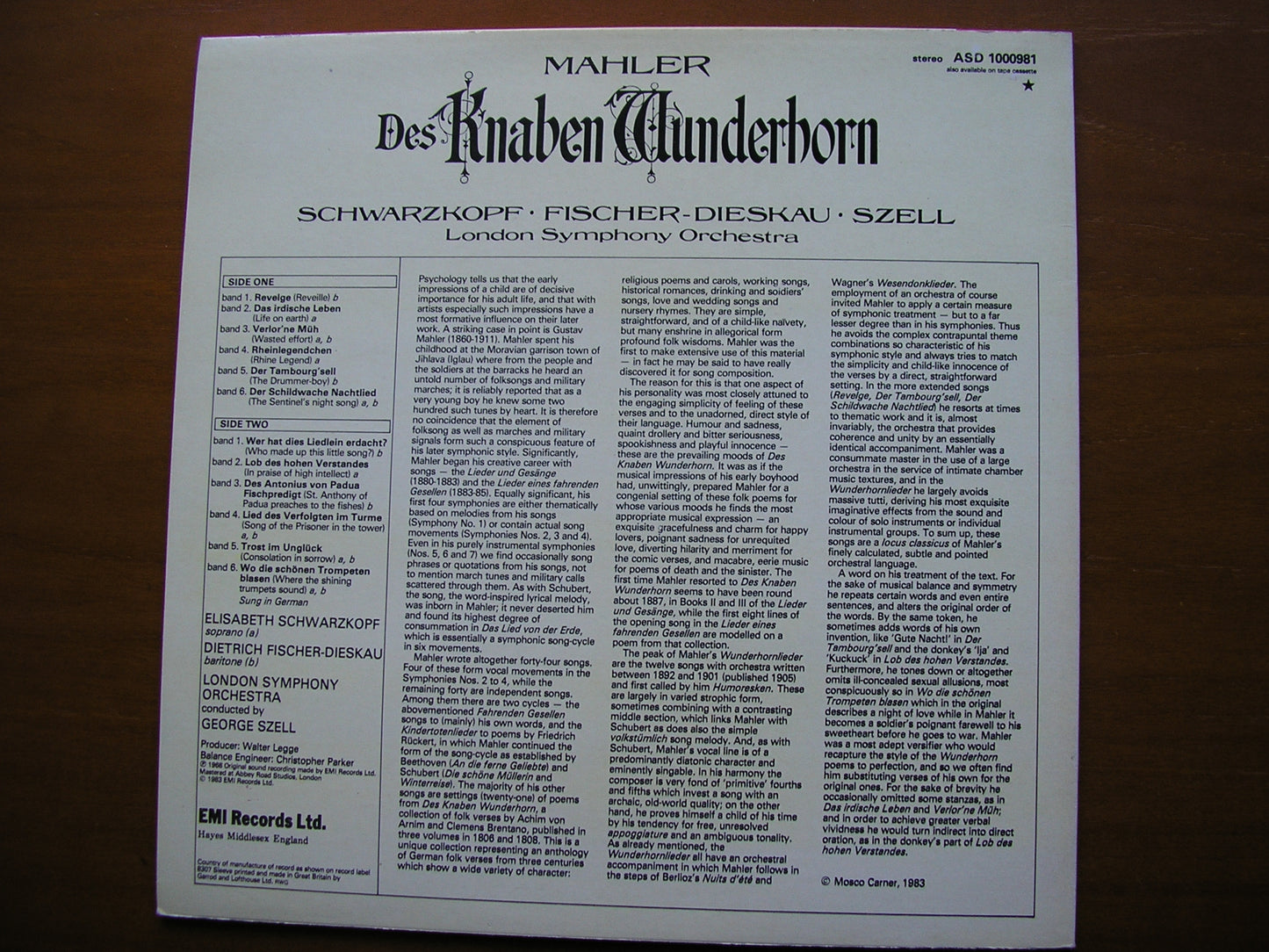 MAHLER: DES KNABEN WUNDERHORN SCHWARZKOPF / FISCHER-DIESKAU / LONDON SYMPHONY / SZELL ASD 1000981