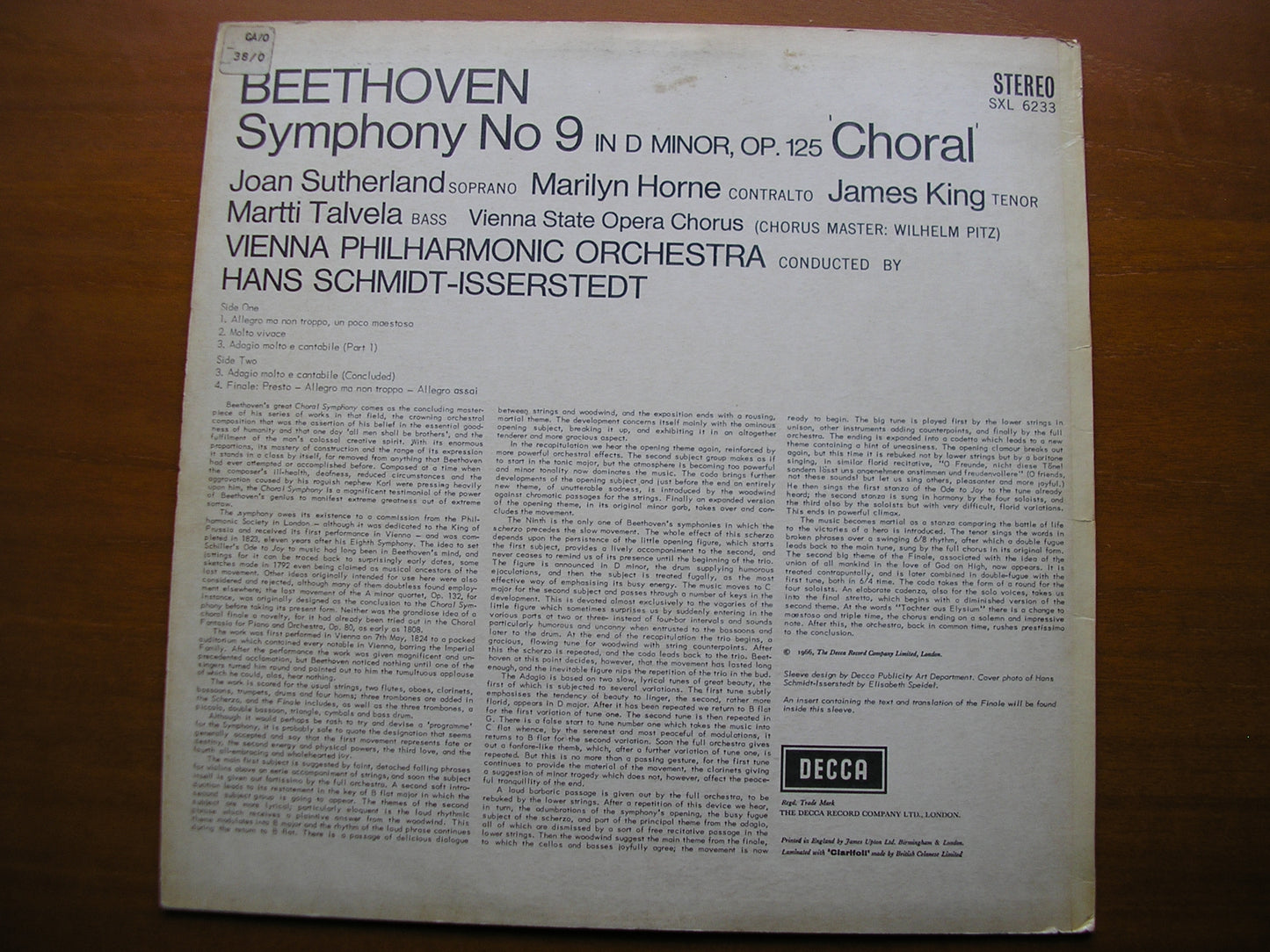 SXL 6233 BEETHOVEN: SYMPHONY No. 9 'Choral' SOLOISTS / VIENNA PHILHARMONIC / SCHMIDT-ISSERSTEDT ED1