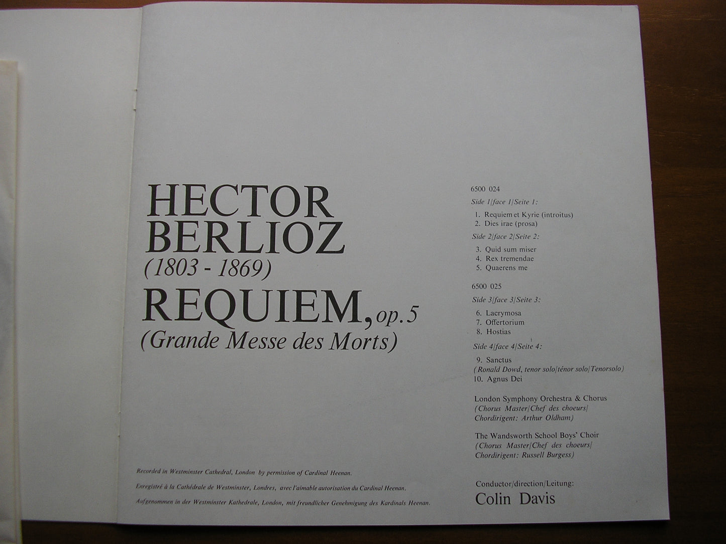 BERLIOZ: REQUIEM      DOWD / LONDON SYMPHONY ORCHESTRA & CHORUS / DAVIS     2LP      6700 019