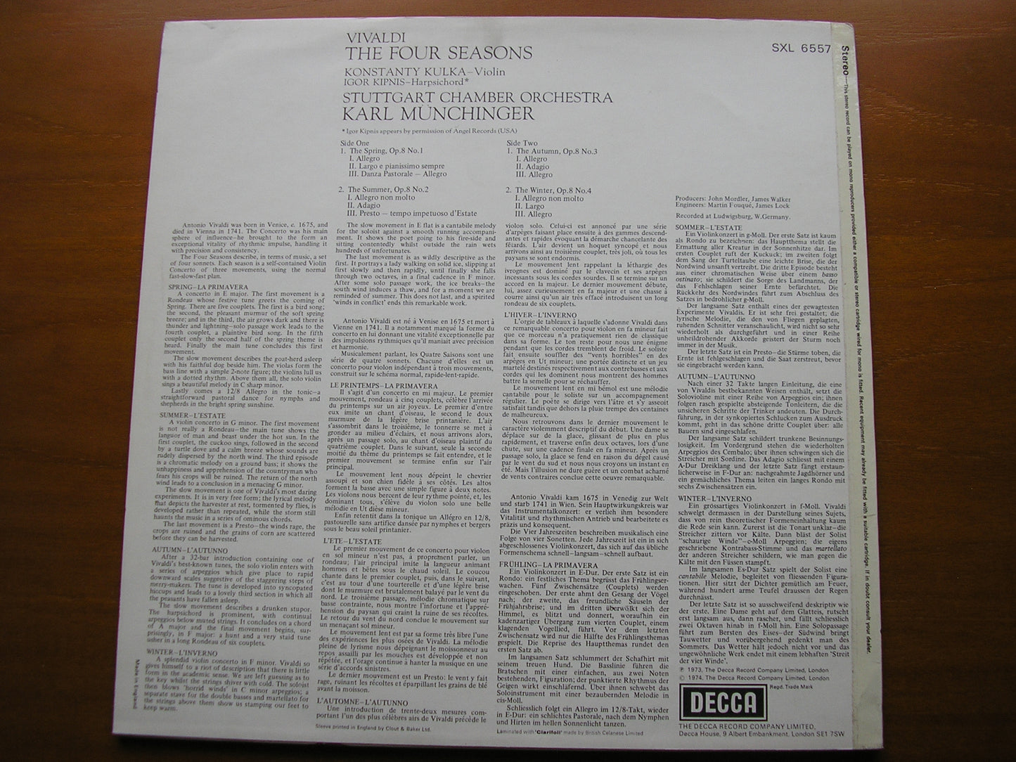 VIVALDI: THE FOUR SEASONS KULKA / STUTTGART CHAMBER ORCHESTRA / MUNCHINGER SXL 6557