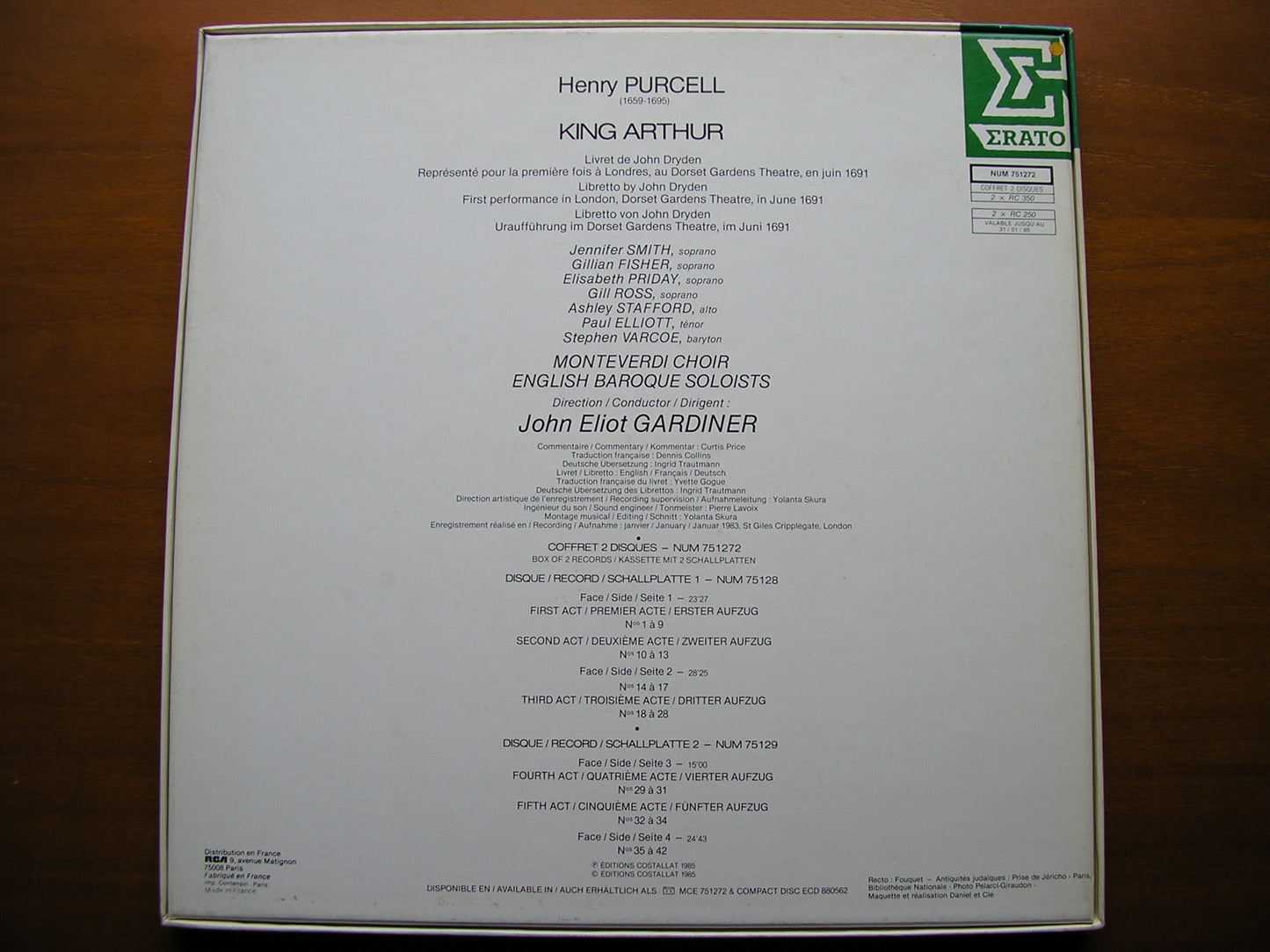 PURCELL: KING ARTHUR (1691) SOLOISTS / ENGLISH BAROQUE SOLOISTS / GARDINER 2LP NUM 751272