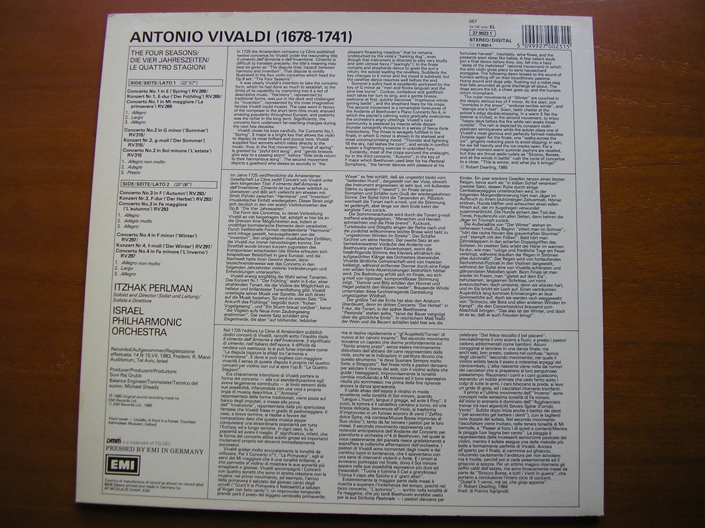 VIVALDI: THE FOUR SEASONS       PERLMAN / ISRAEL PHILHARMONIC ORCHESTRA    27 0023